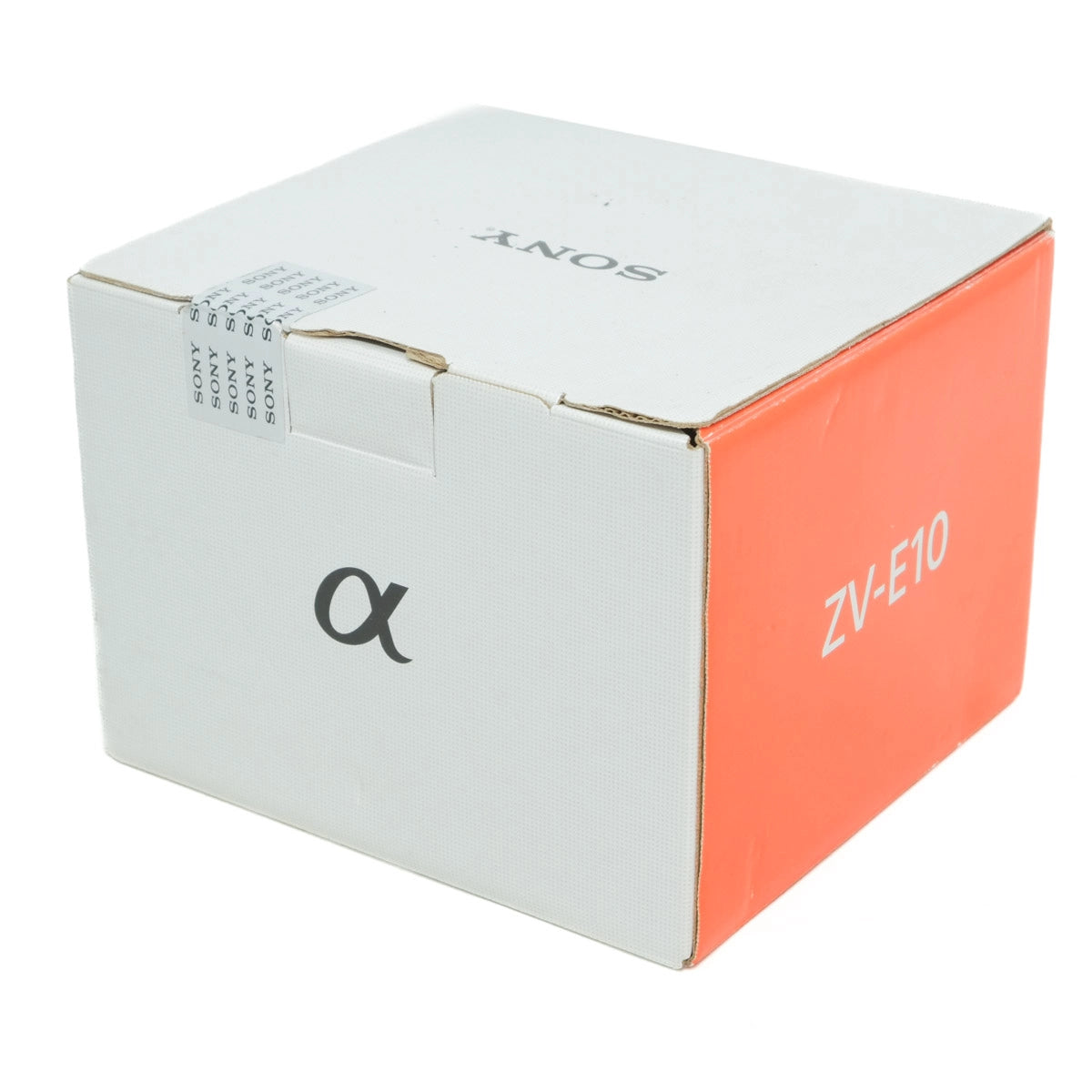 Sony camera box with 'alpha' and 'ZV-E10' branding on a white background