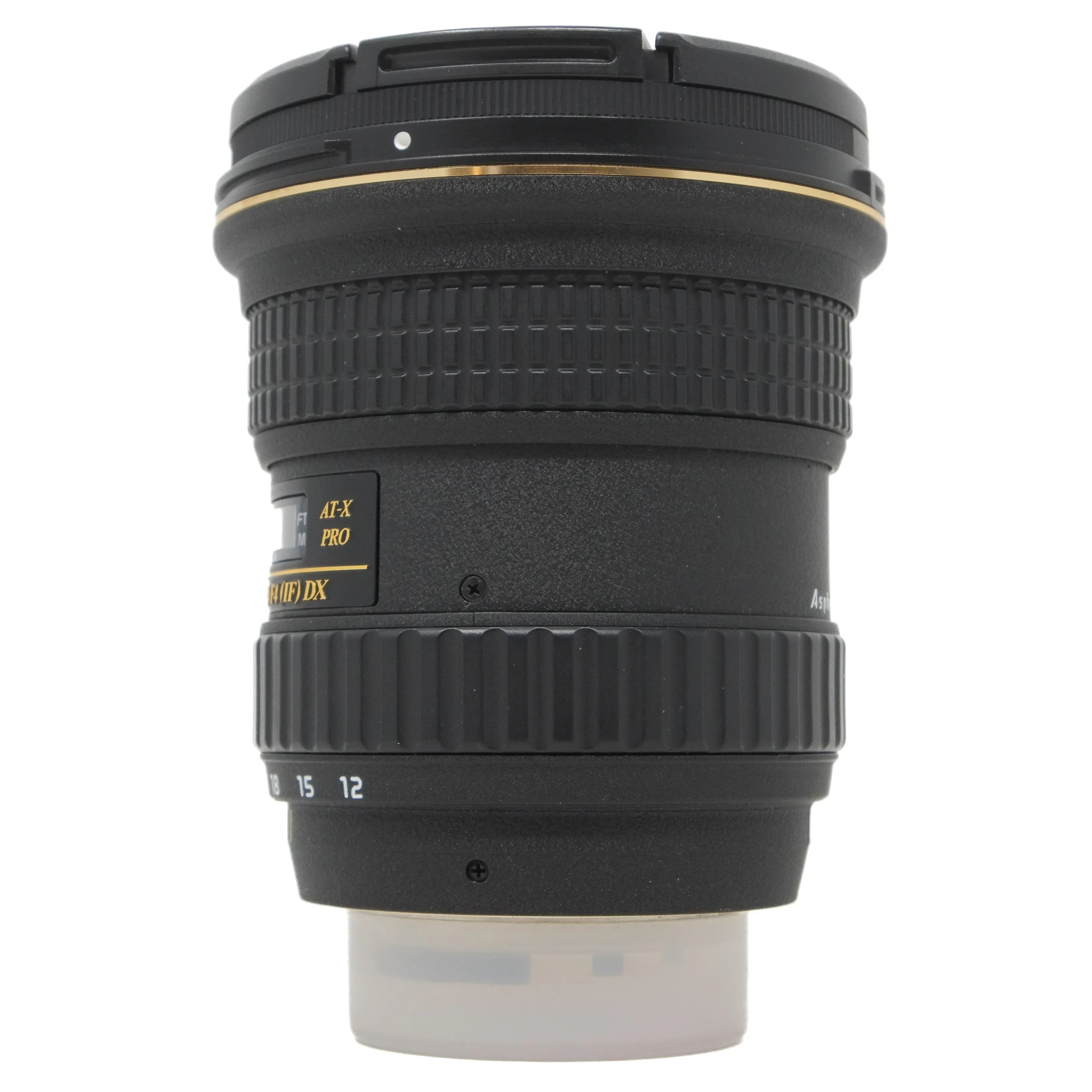 Camera lens with brand logo on a white background
