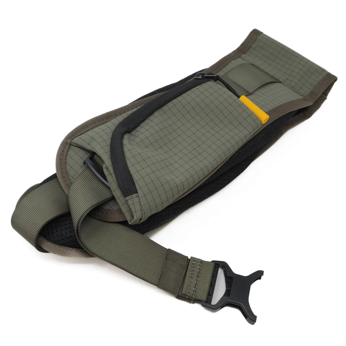 Green tactical belt with a yellow buckle on a white background
