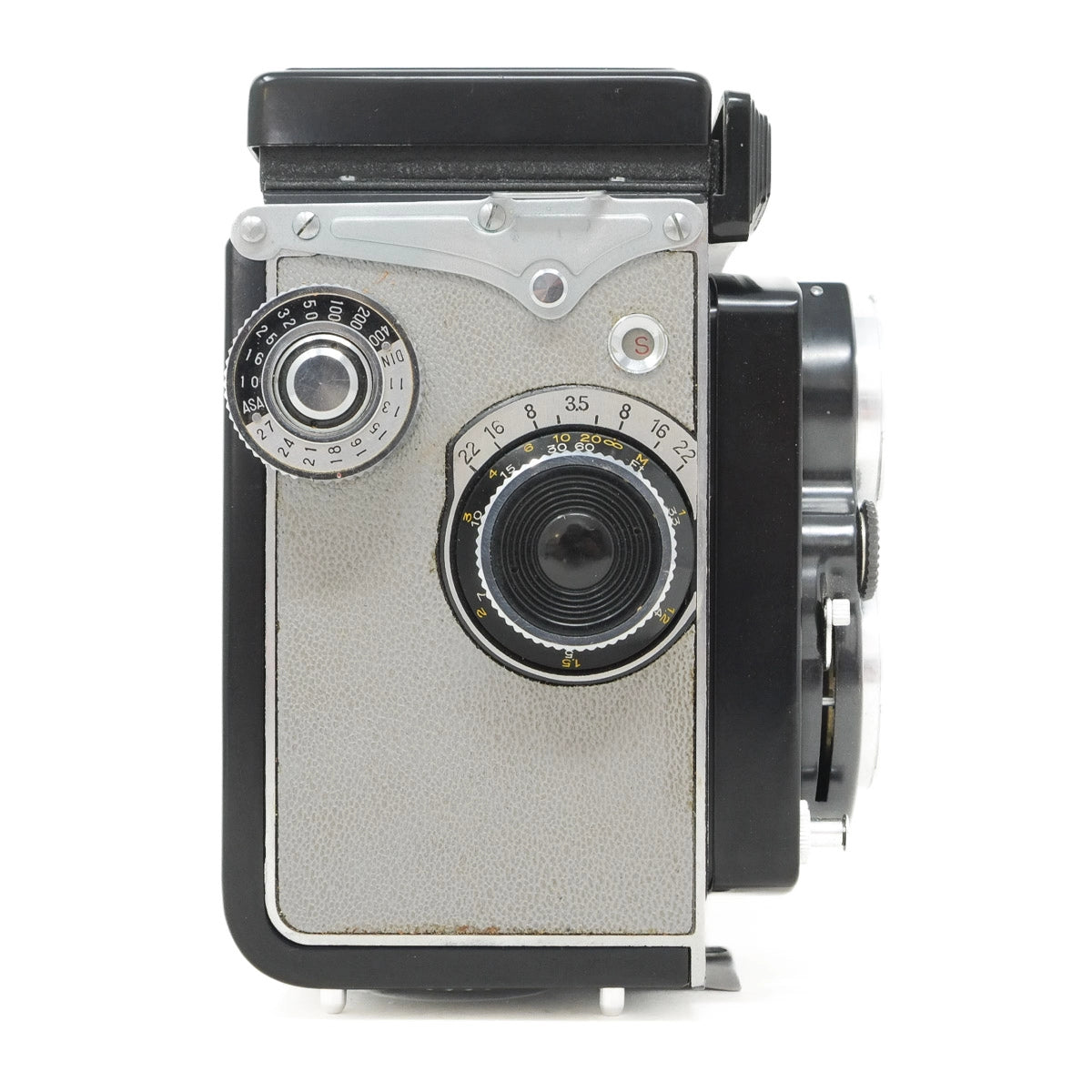 Vintage camera with a metallic finish on a white background