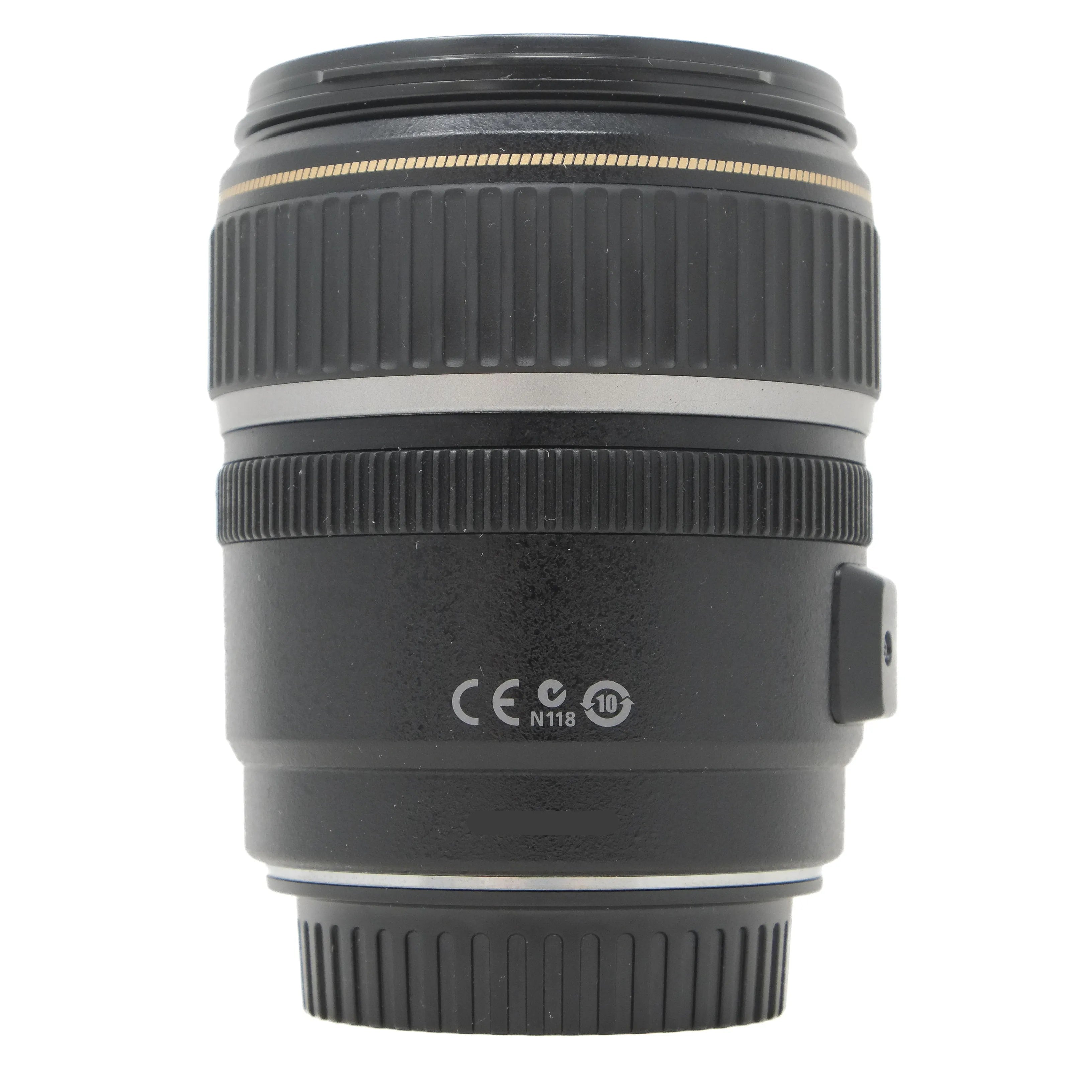 Camera lens with visible branding and certification marks on a white background