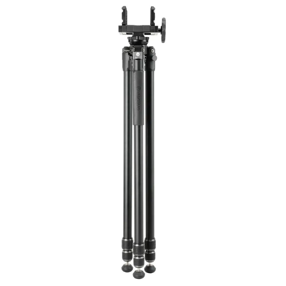 Black camera tripod on a white background