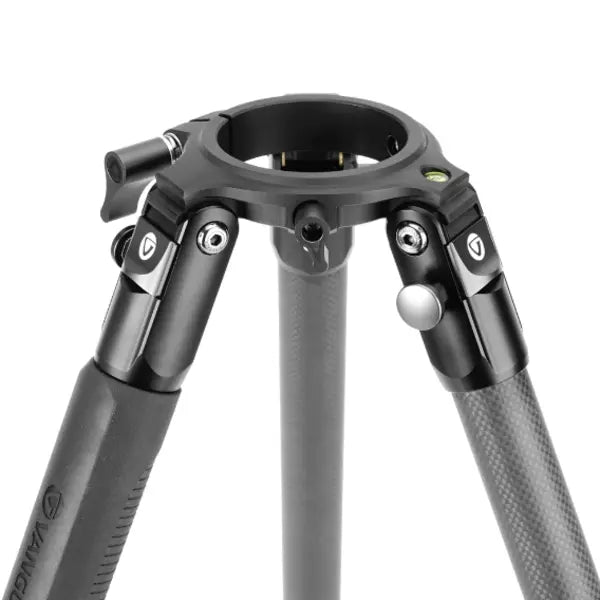 Close-up of a camera tripod with adjustable components on a white background