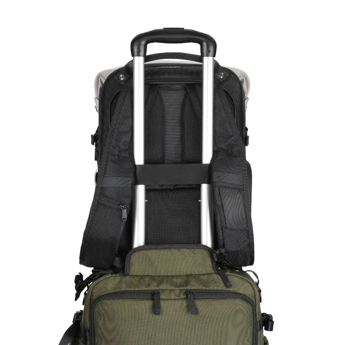 Green backpack with black straps and a white handle on a white background