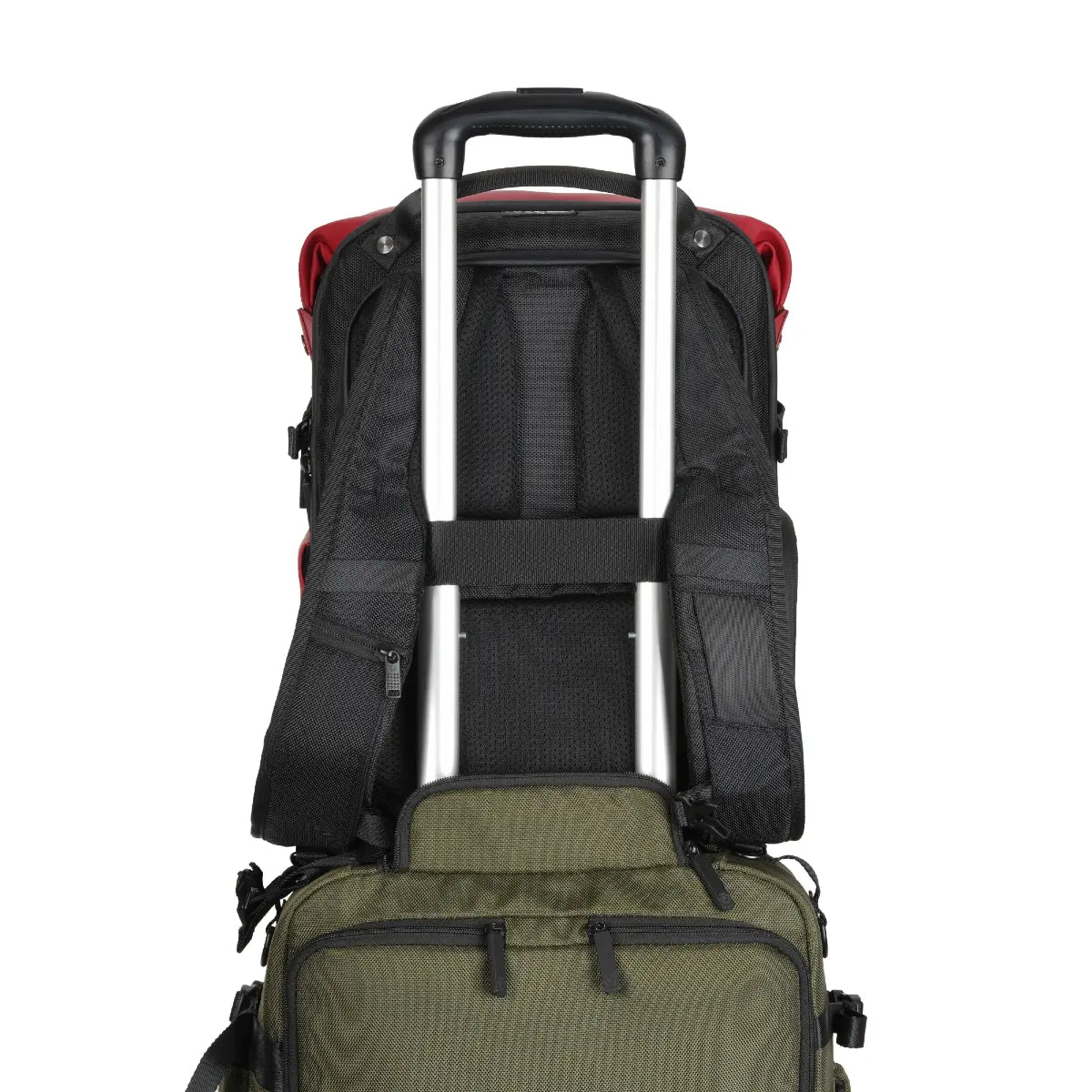 Green backpack with rolling handle on a white background