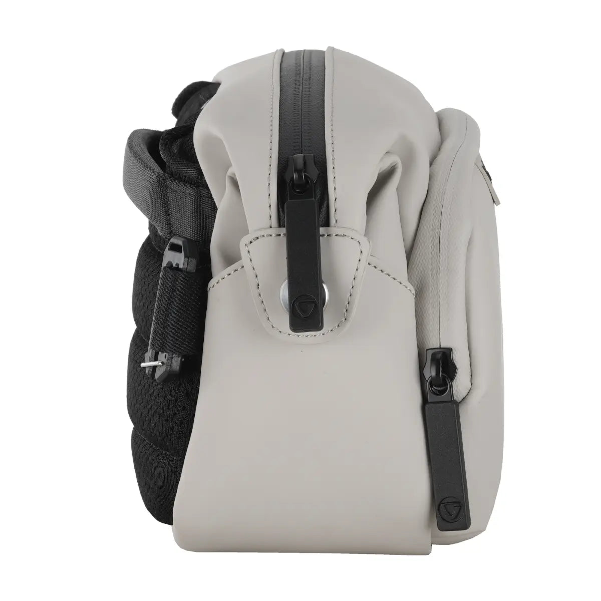 Two small bags, one black and one beige, with zippers on a white background.