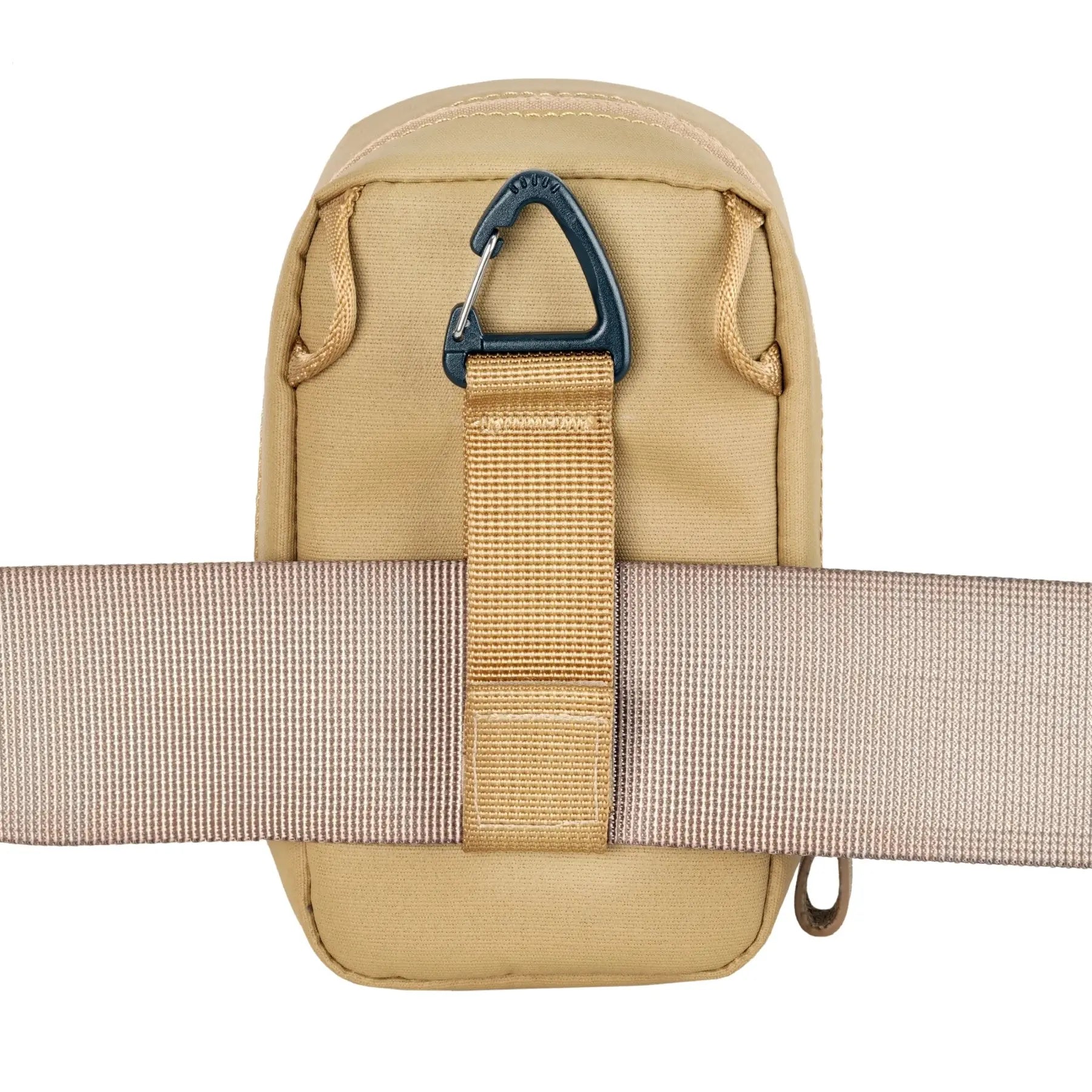 Tan pouch with a strap and carabiner on a white background