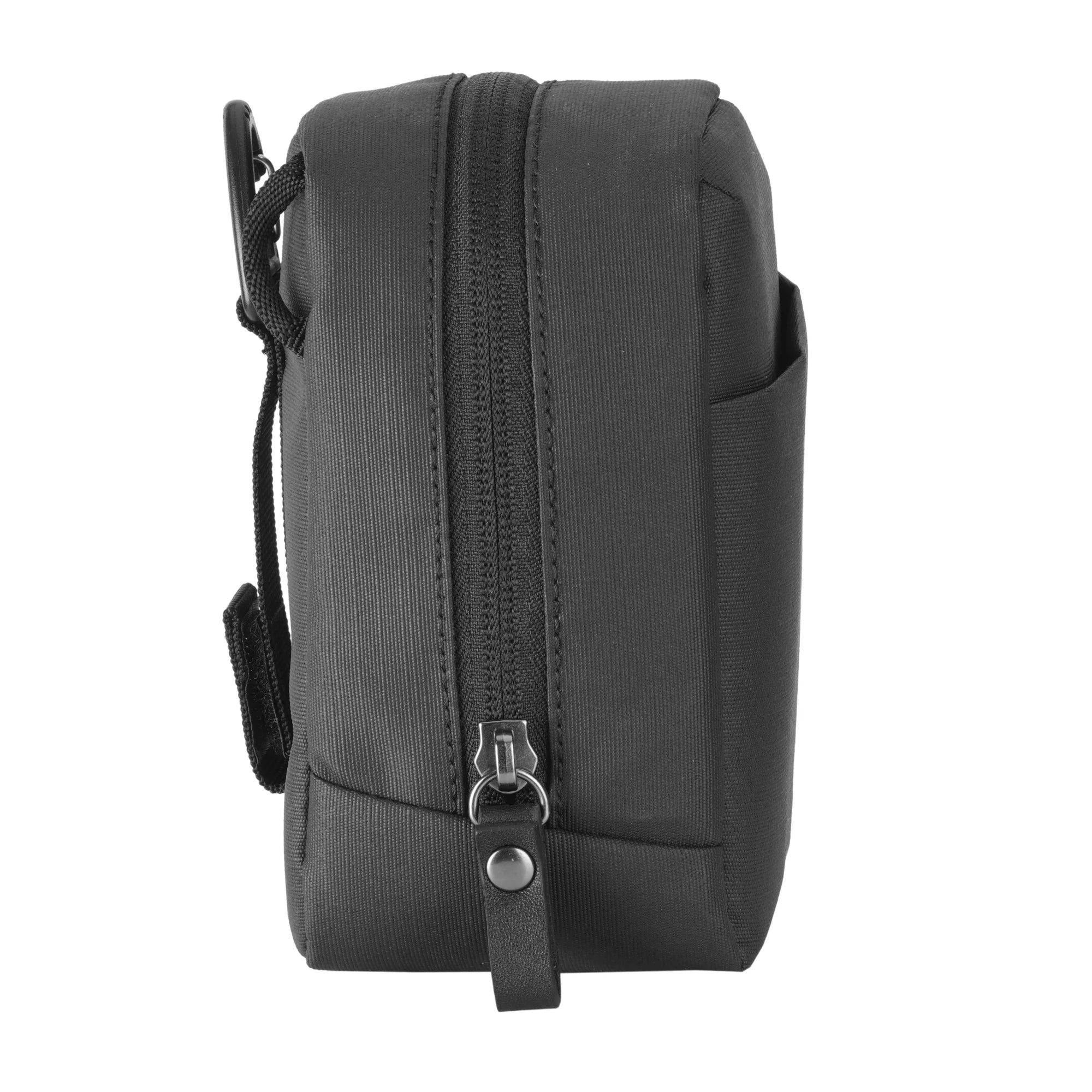 Black crossbody bag with a strap on a white background