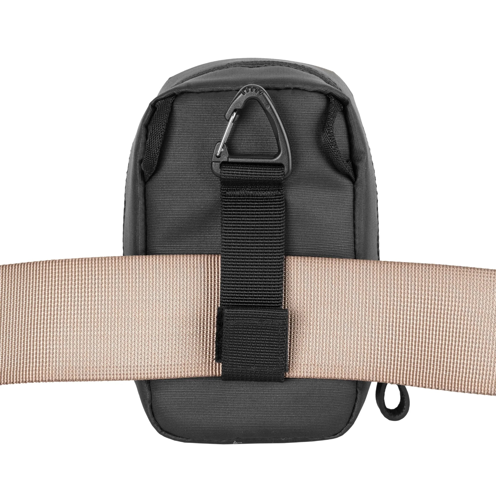 Black bag with beige strap on a white background