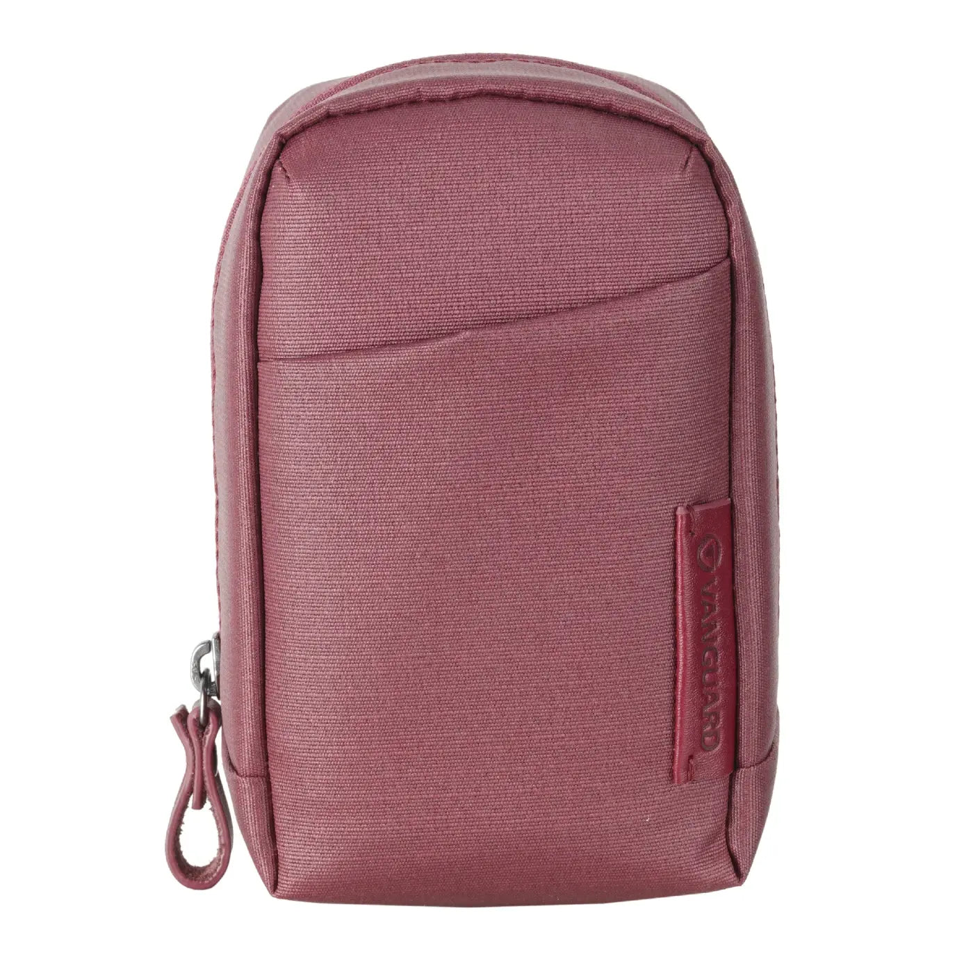Pink travel pouch with a visible brand logo on a white background