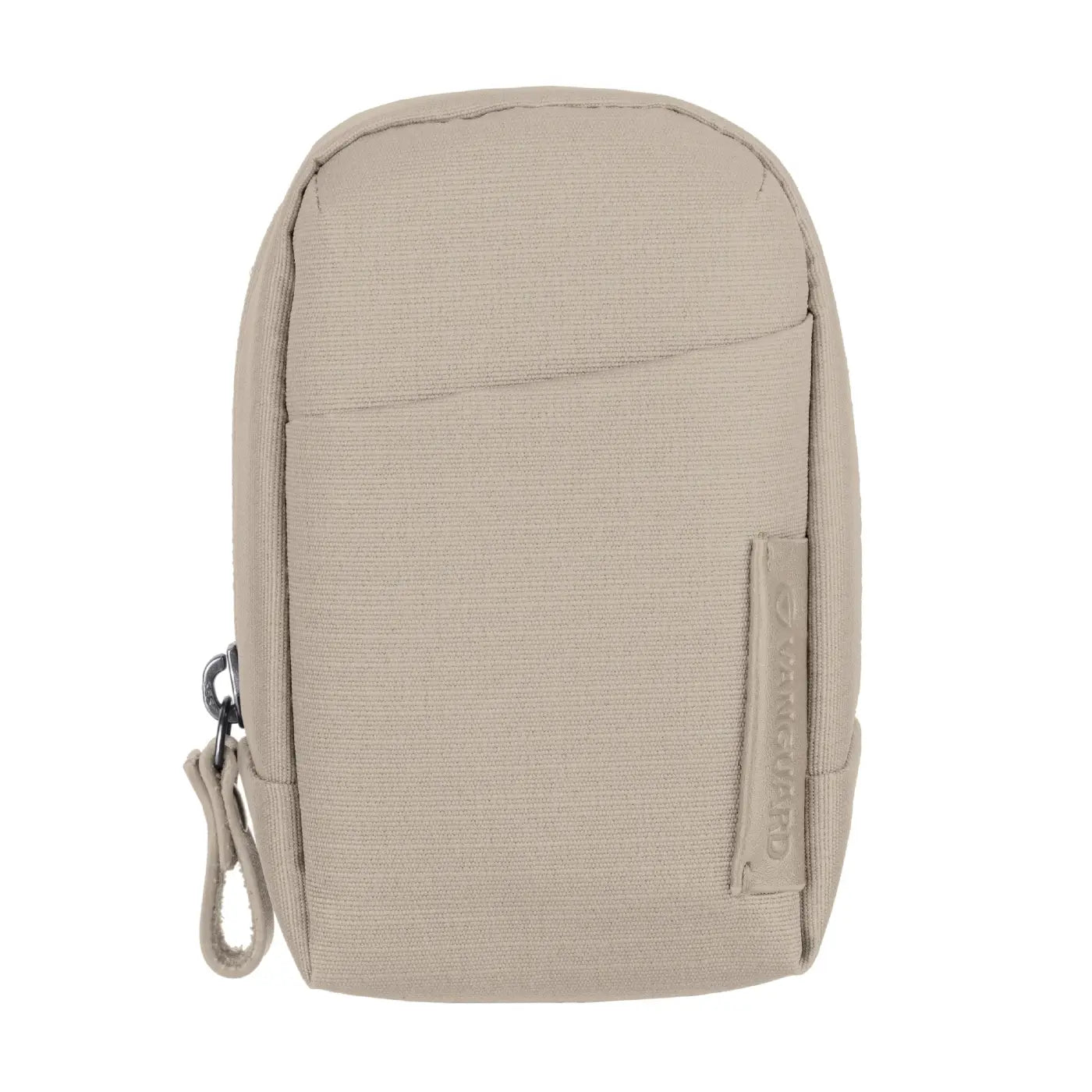 Beige pouch with a visible brand logo on a white background