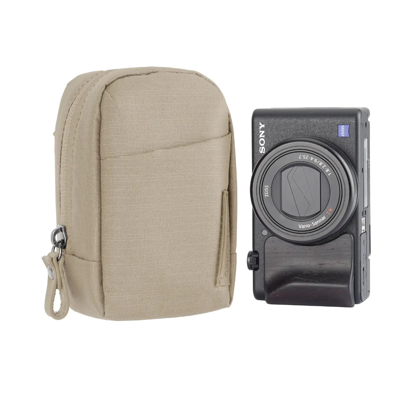 Beige camera case and Sony camera on a white background
