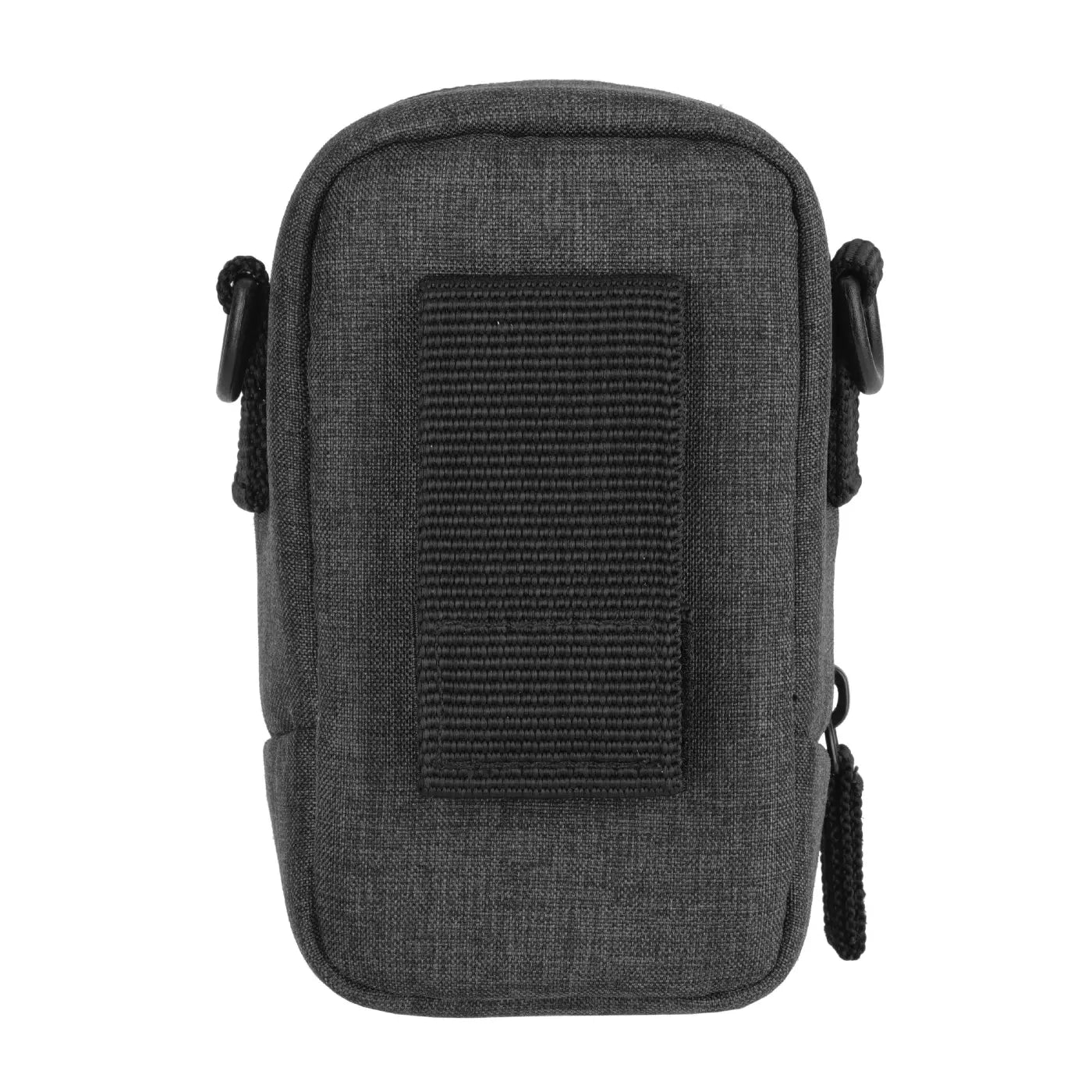 Gray tactical pouch with a black patch on a white background