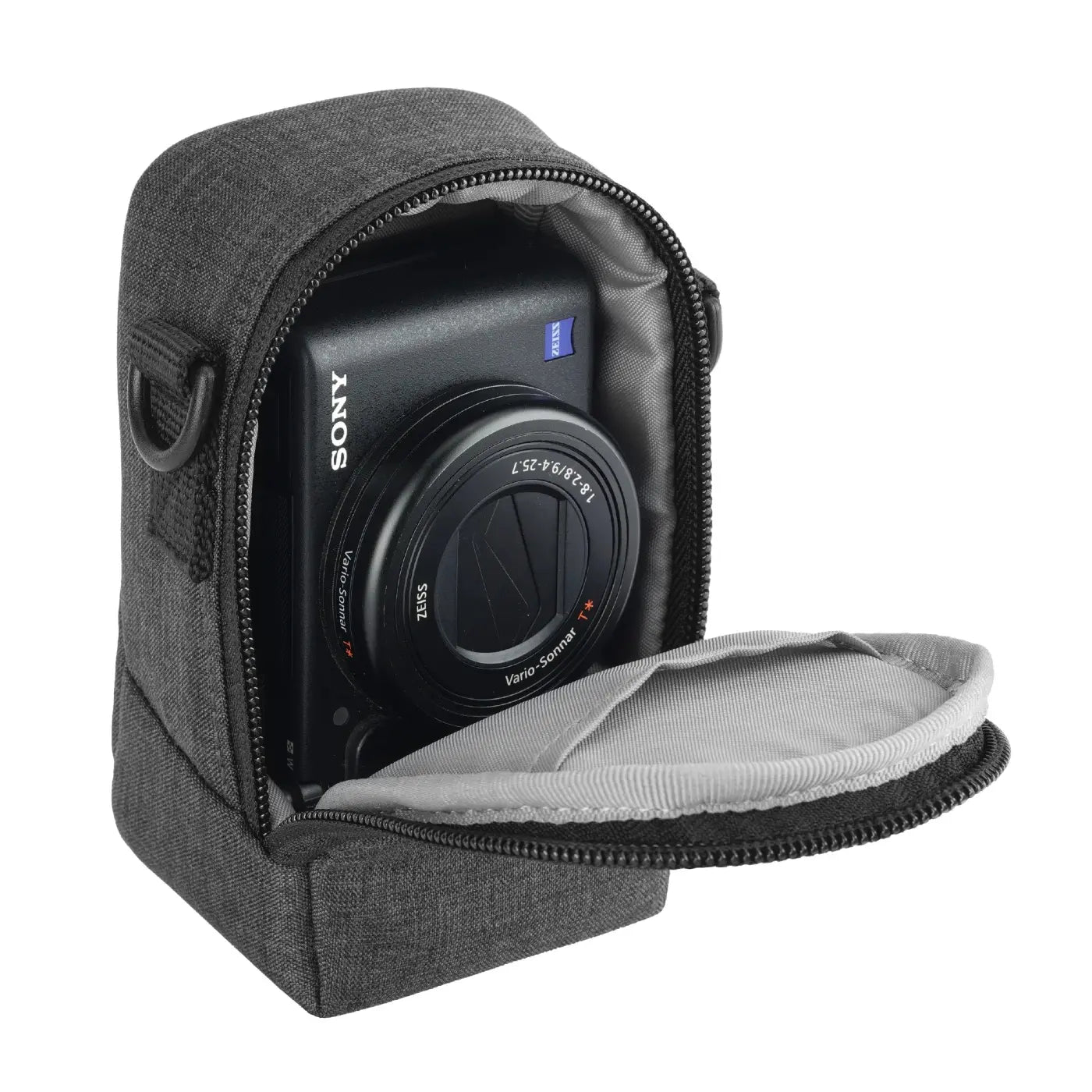 Sony camera in a gray carrying case on a white background