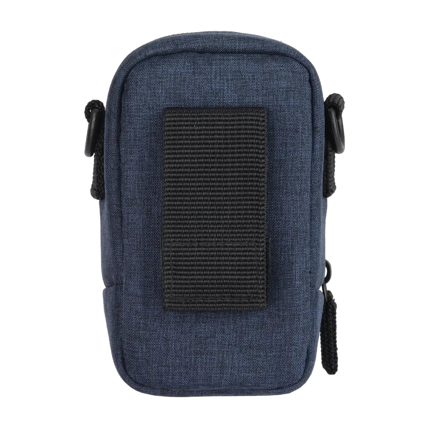 Blue pouch with a black patch on a white background