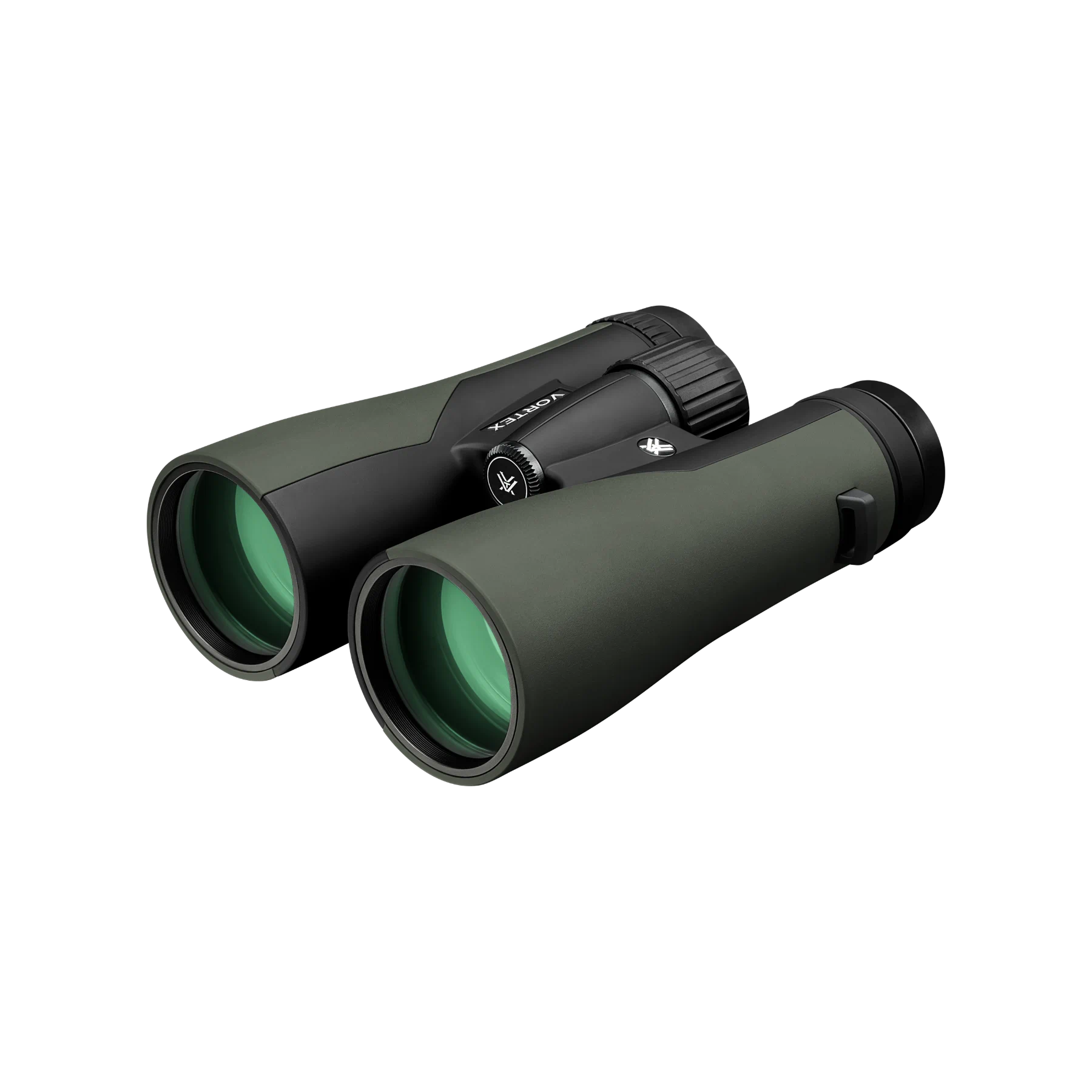 A pair of Vortex binoculars in matte dark green and black, shown at a three-quarter angle on a solid white background.