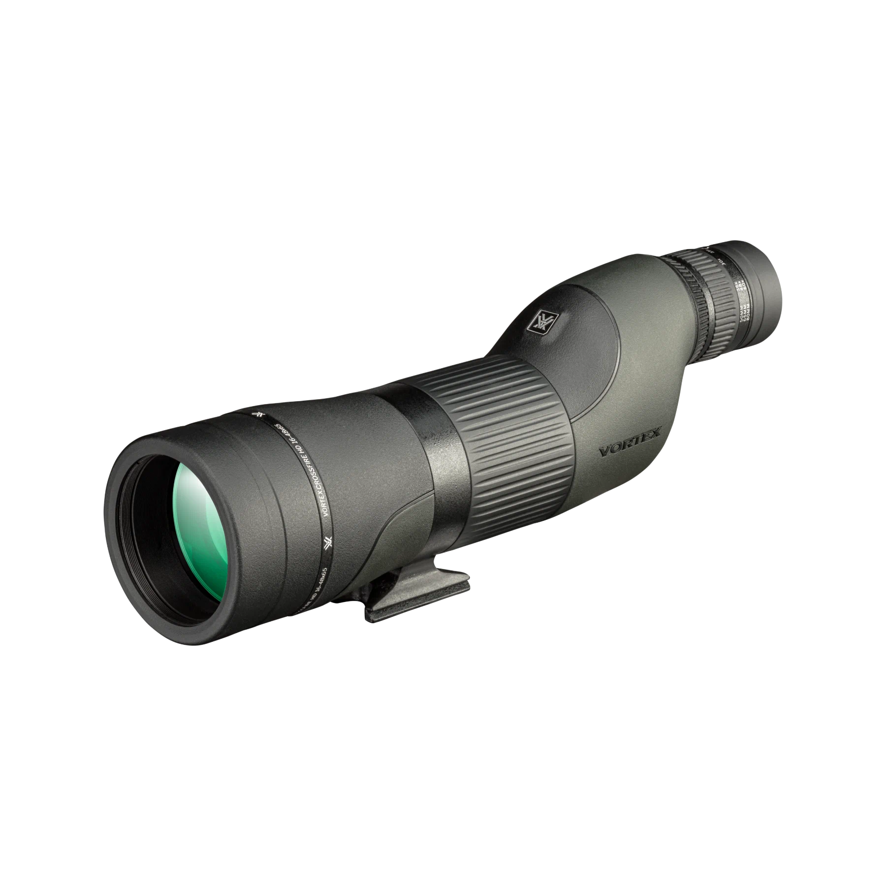 A Vortex spotting scope with a green and black body, shown at an angle on a plain white background.