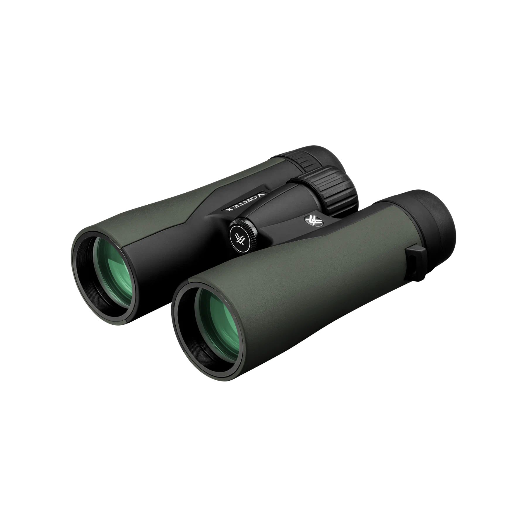 A pair of Vortex binoculars in matte black and dark green, shown at an angle on a solid white background.