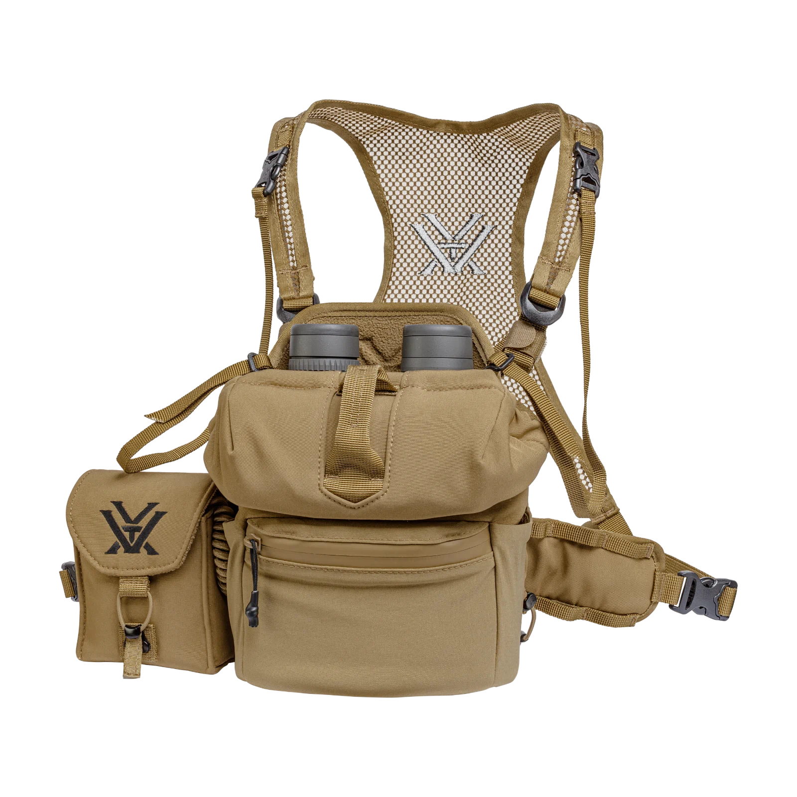 A tan tactical binocular carrier harness with multiple compartments, mesh back panel, and binoculars inserted at the top, shown on a plain white background.