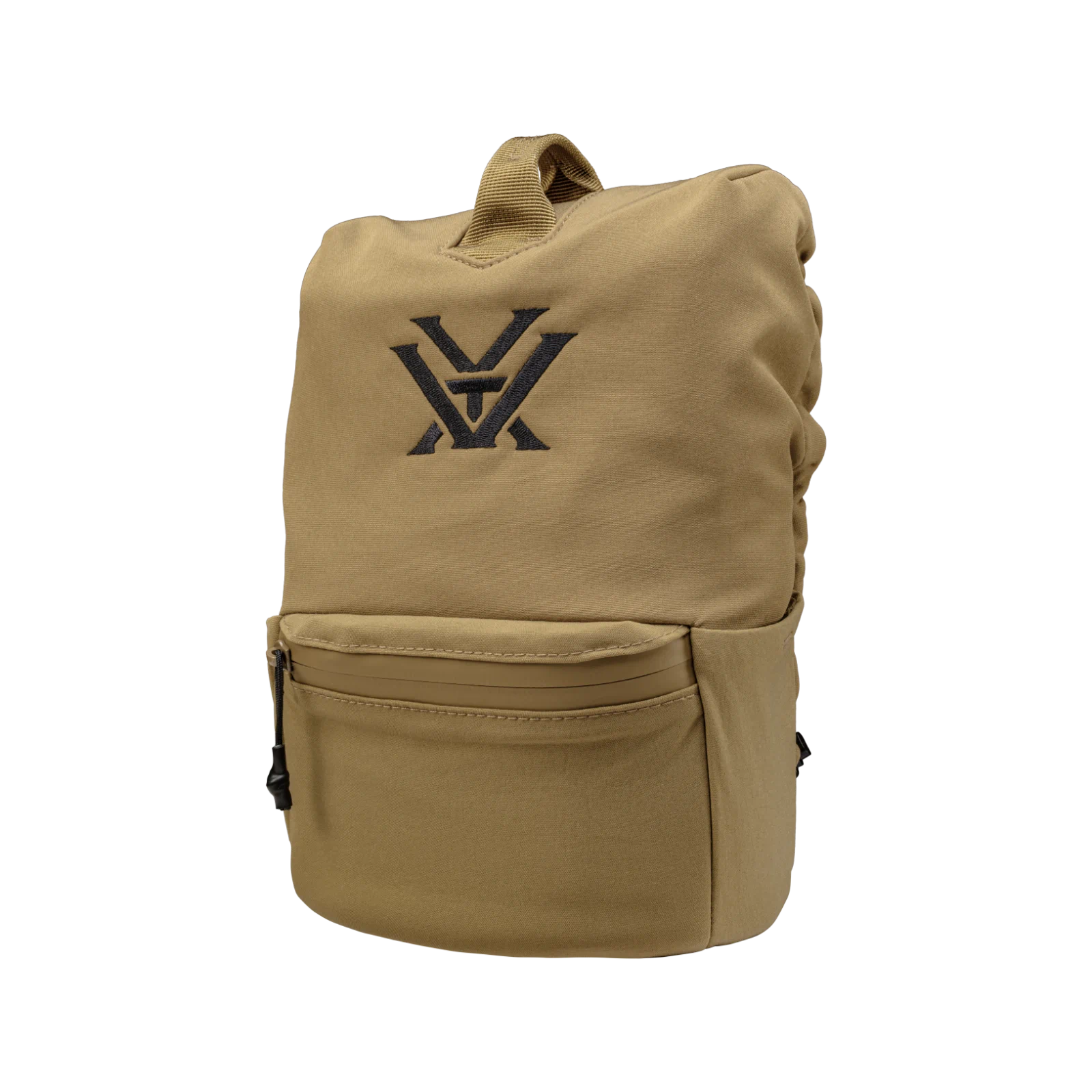 A tan canvas backpack with a black embroidered monogram logo on the front, displayed against a solid white background.