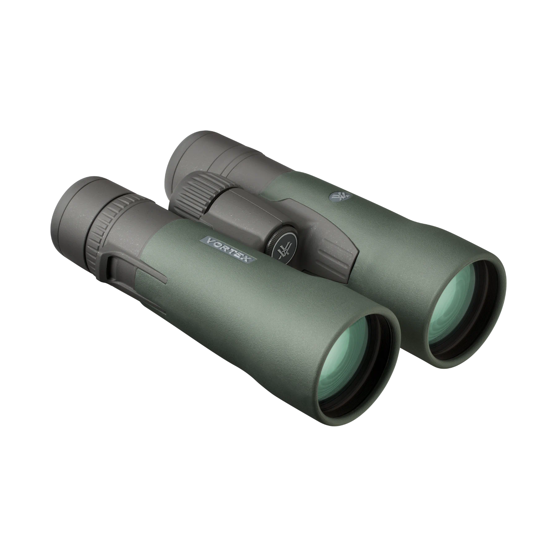 A pair of Vortex binoculars in matte dark green, shown at an angle on a solid white background.