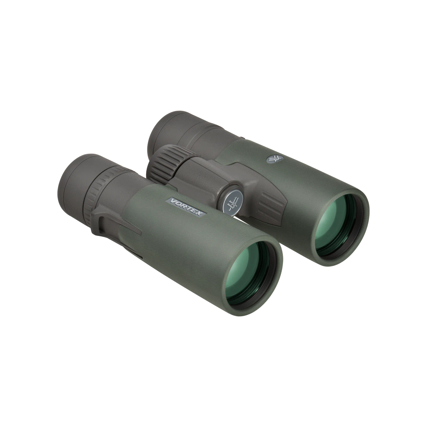A pair of Vortex binoculars in matte dark green, shown at an angle on a solid white background.