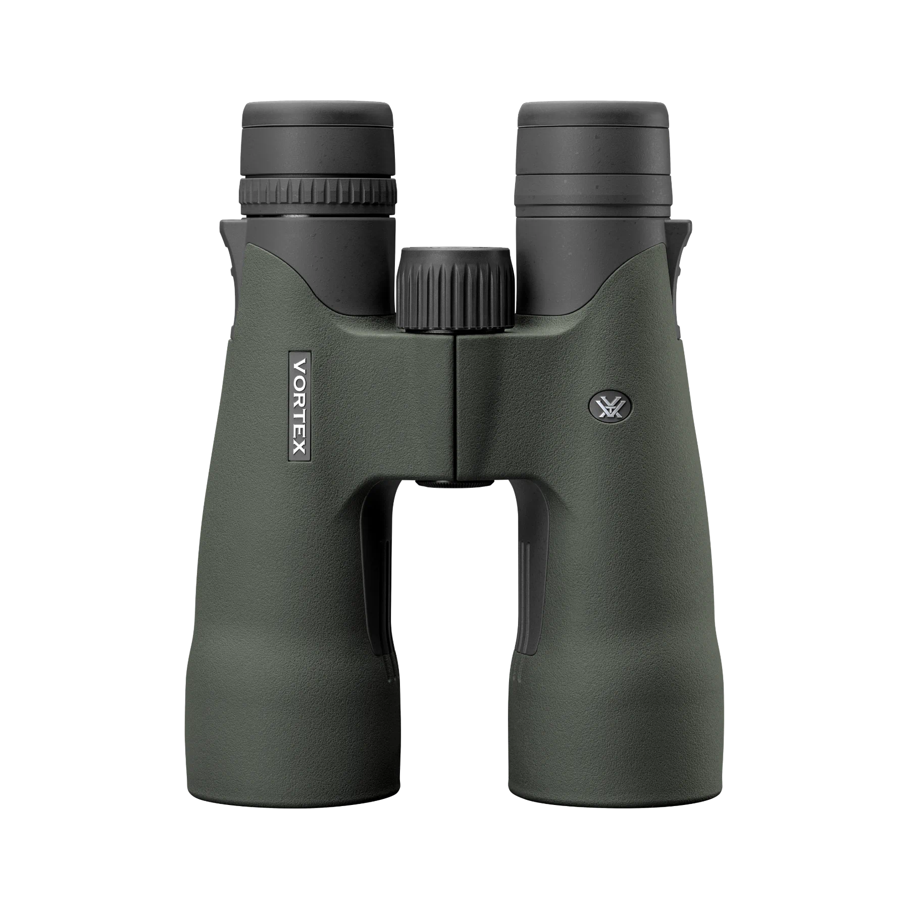 Vortex binoculars in dark green with black eyecups and center release screw, shown on a solid white background.