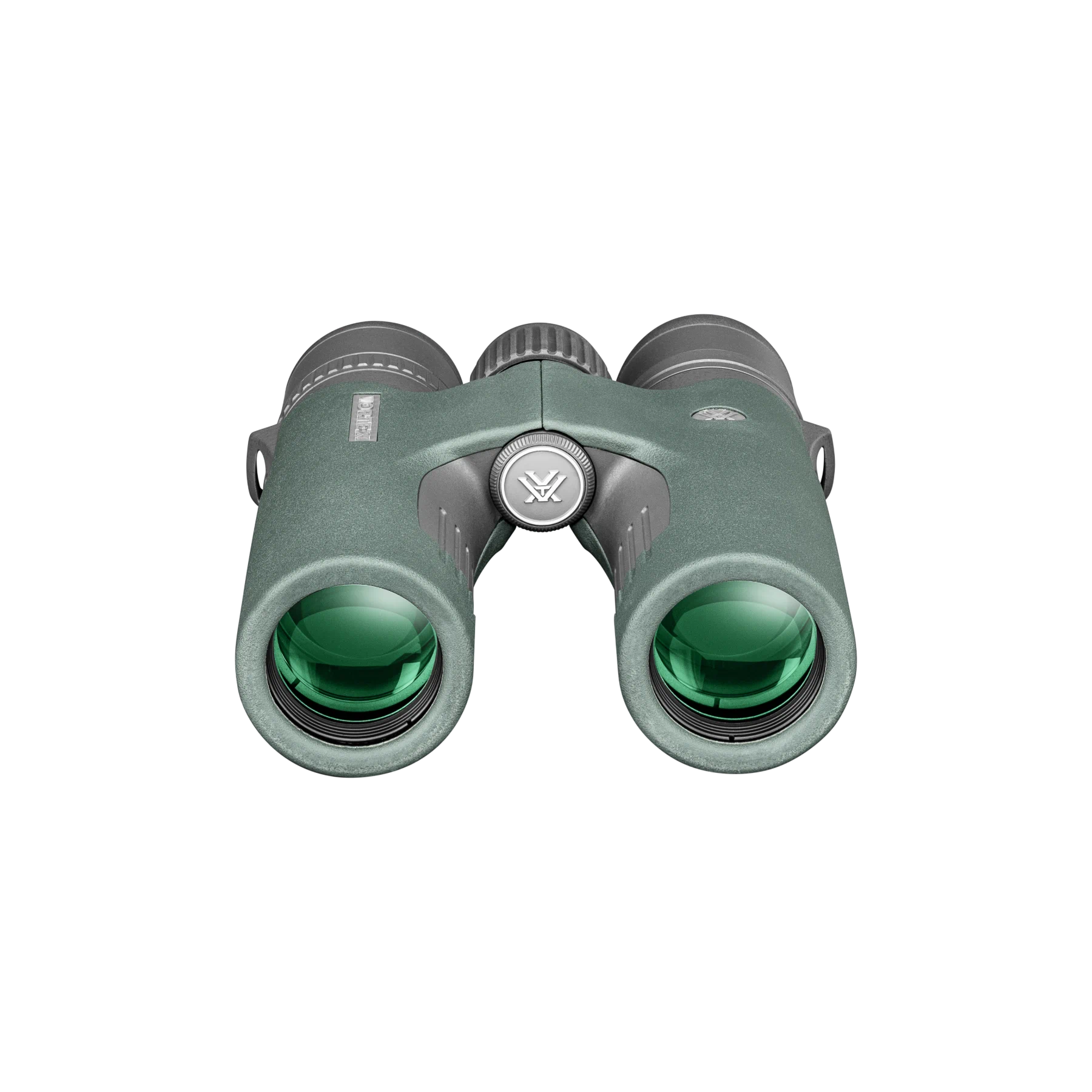 A pair of Vortex binoculars in matte sage green with dark gray accents and green-tinted lenses, shown against a plain white background.
