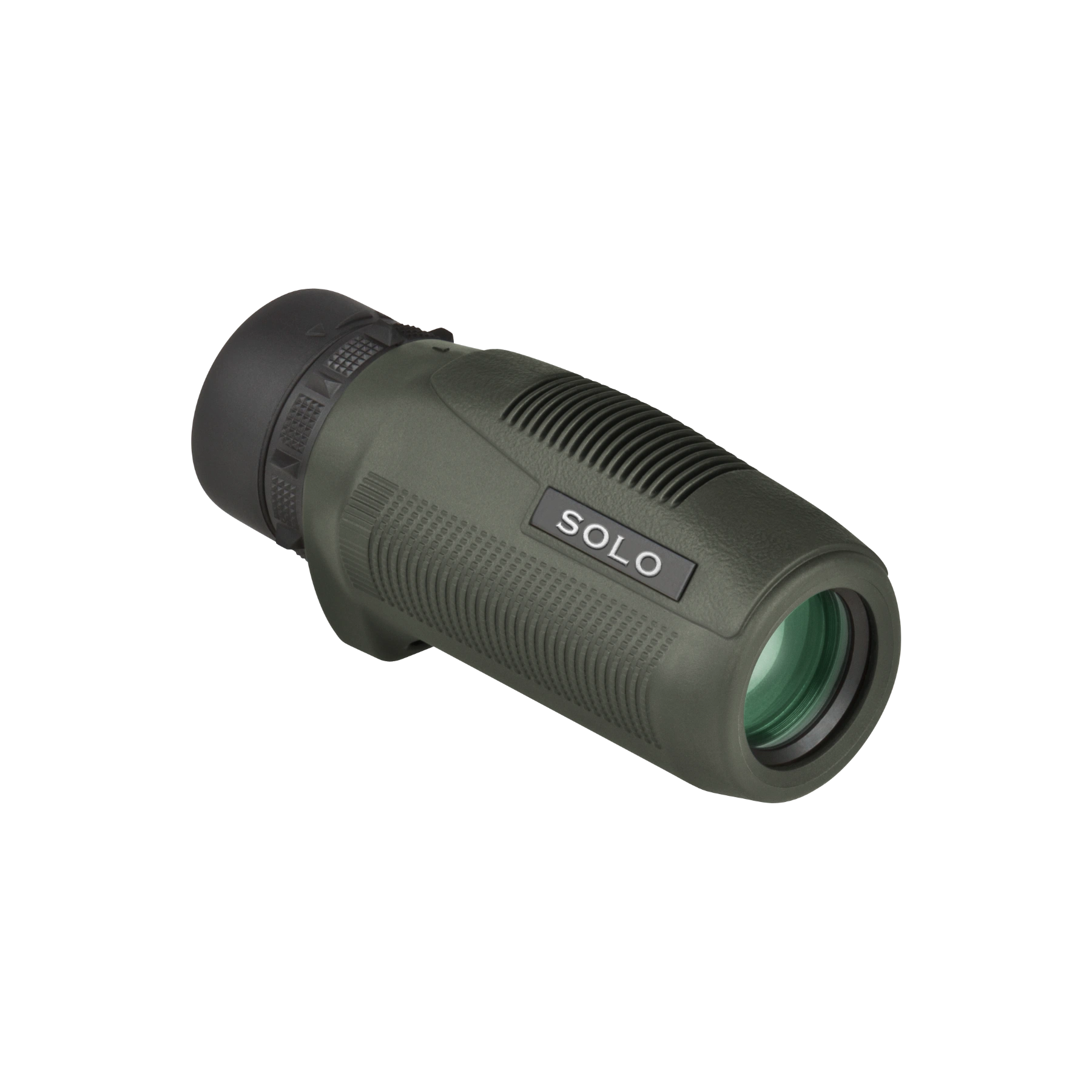 A Vortex monocular with a textured green body and a black objective lens, featuring the model 'SOLO' on a silver badge, set against a plain white background.