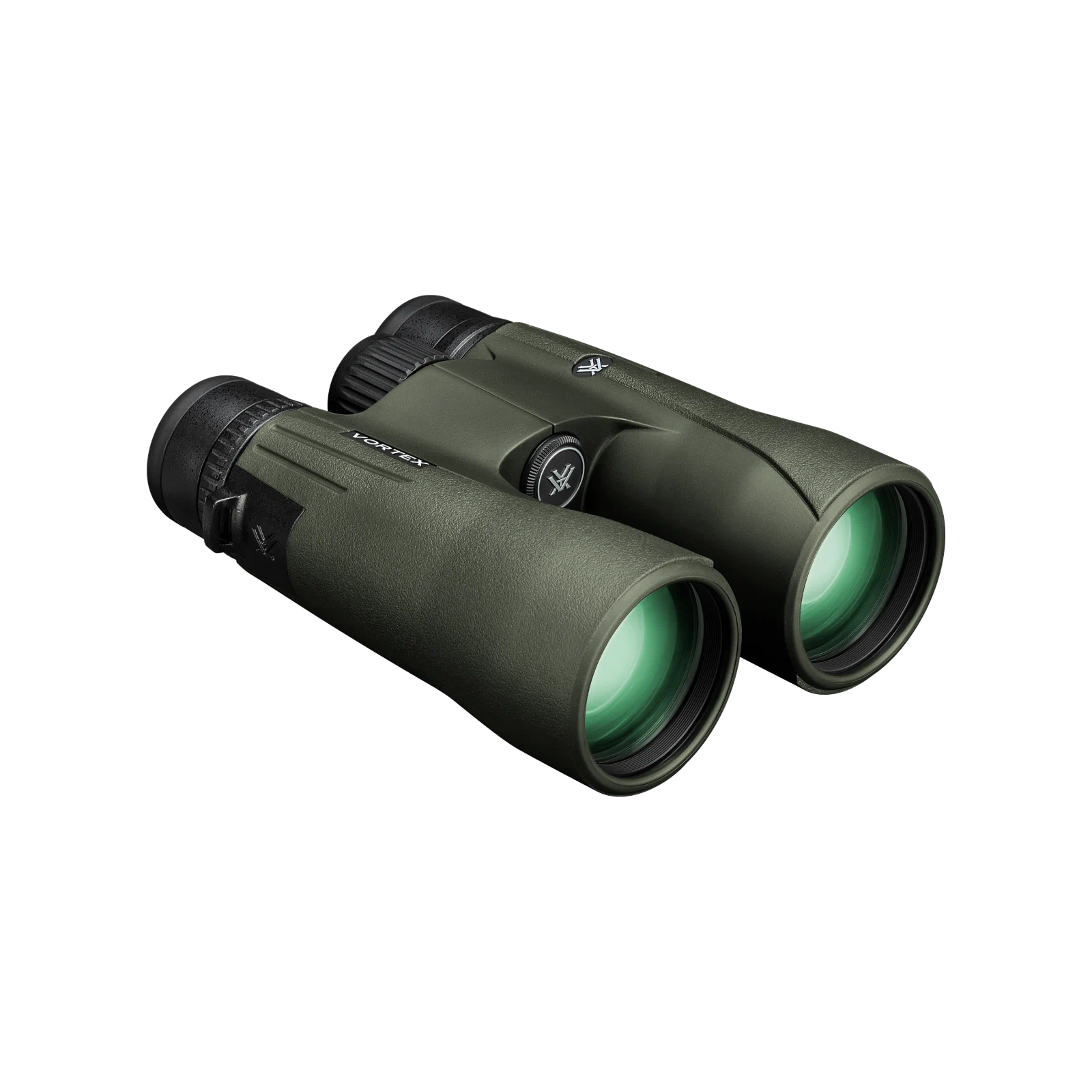 Vortex binoculars in olive green with black eyecups and central focus wheel, shown at an angle against a plain white background.