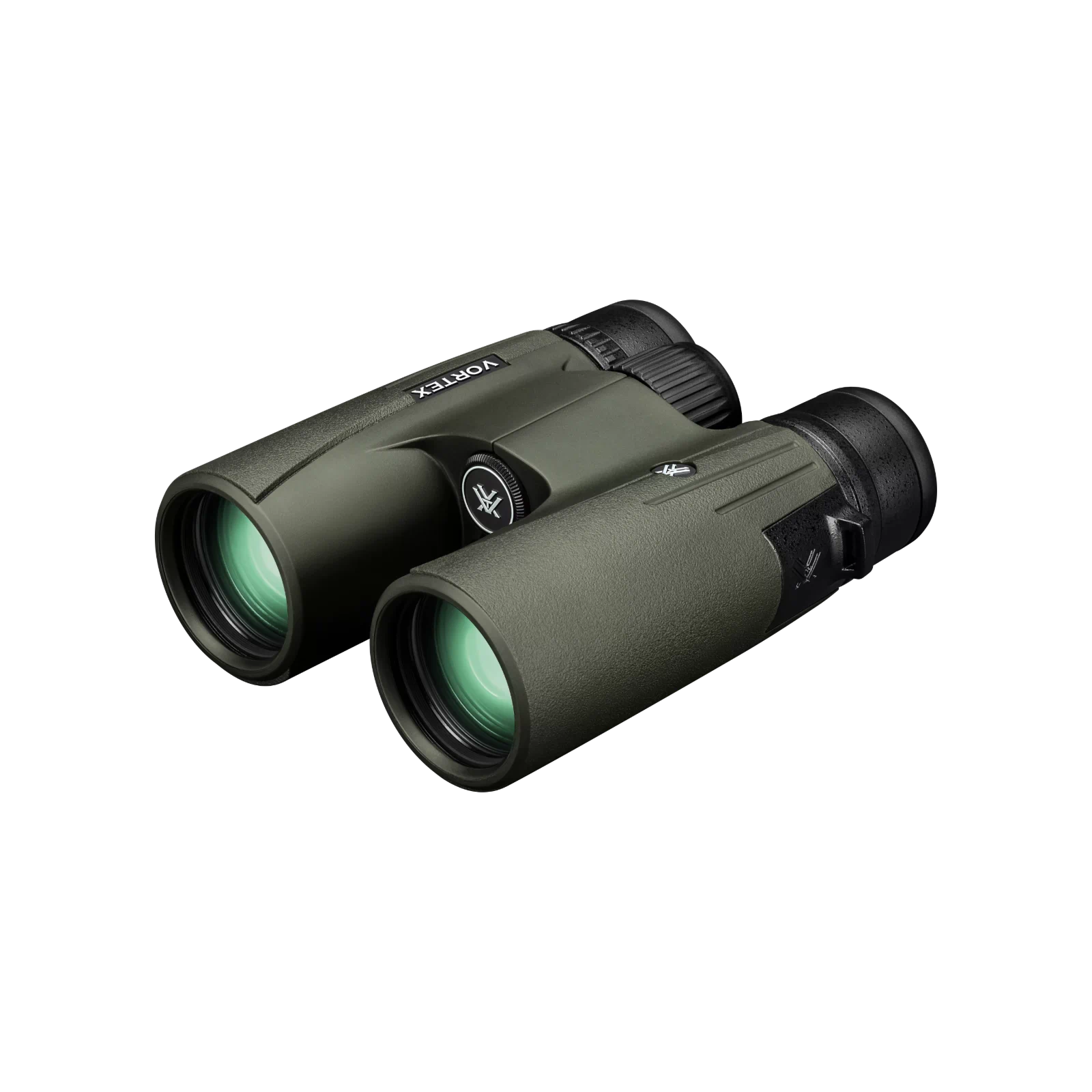 Vortex binoculars in matte dark green with black accents, shown at an angle on a plain white background.