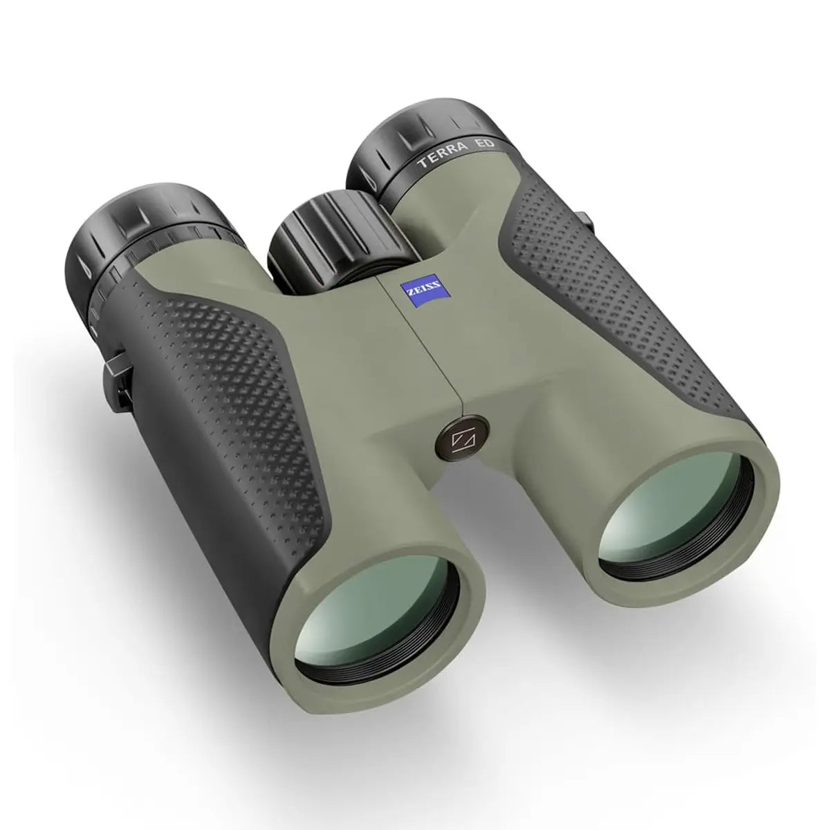 Green and black binoculars with Zeiss logo on a white background
