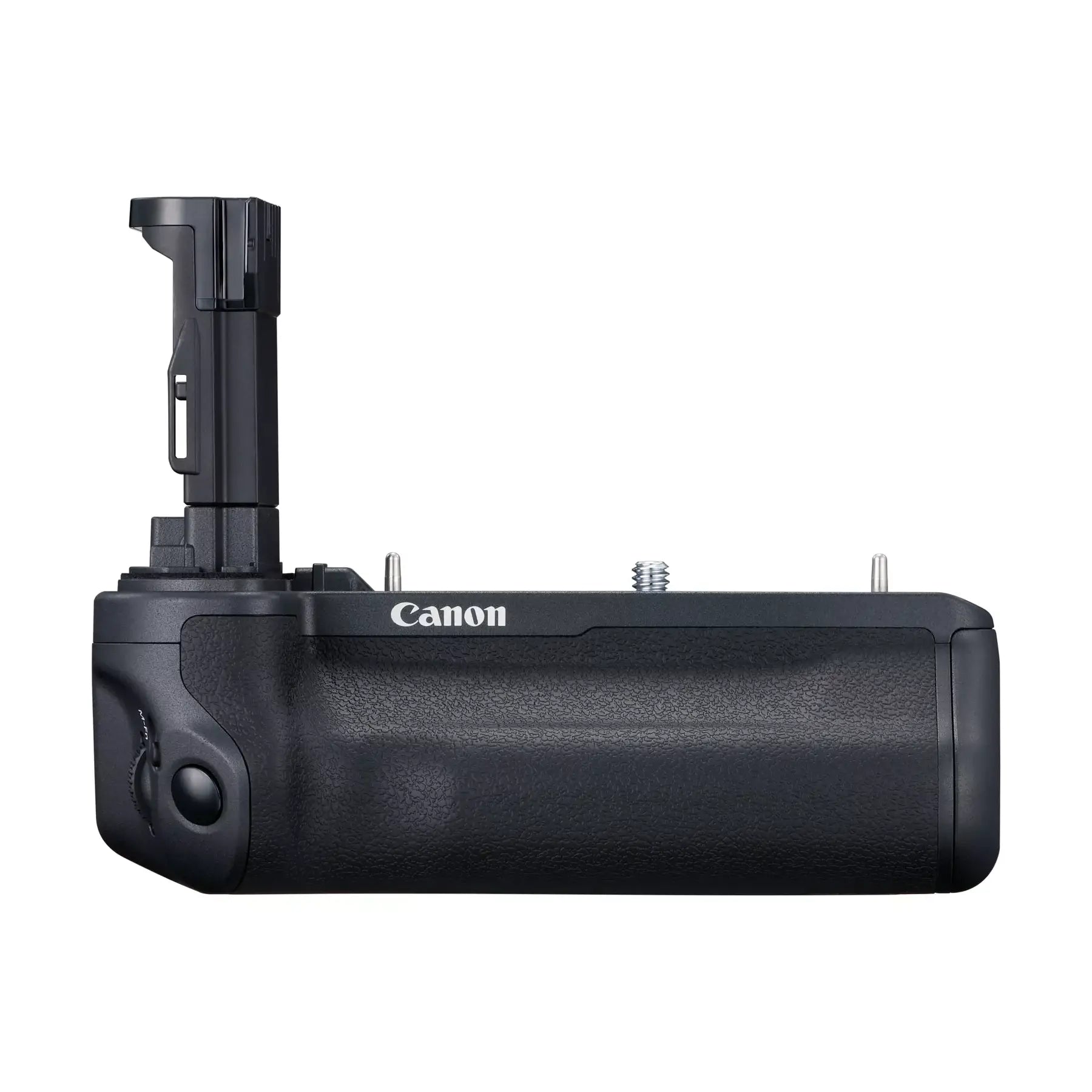 A black Canon BG-R10 battery grip designed for EOS R5 and EOS R6 cameras.