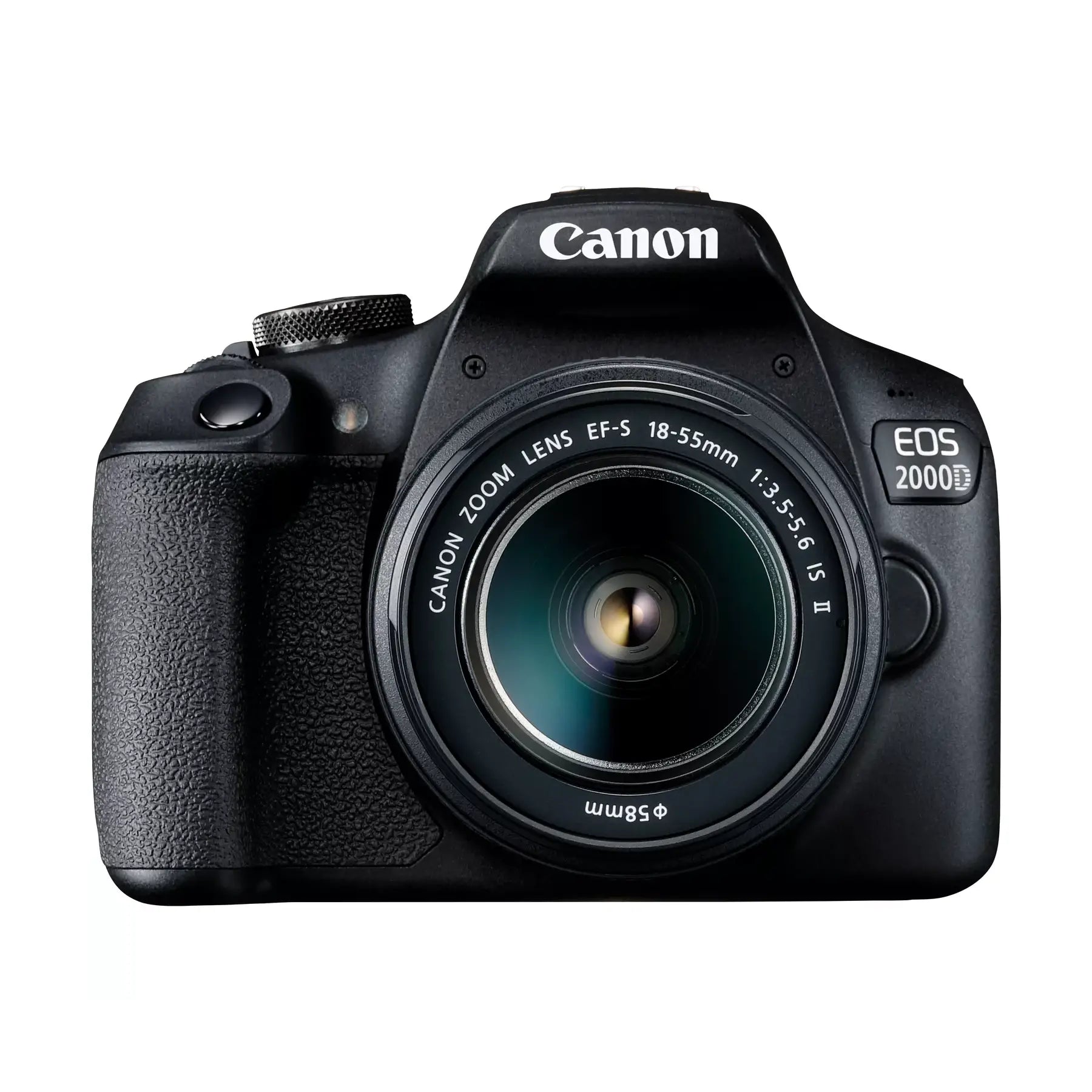 A Canon EOS 2000D Digital SLR Camera with the 18-55mm IS II Lens attached, displayed against a white background.