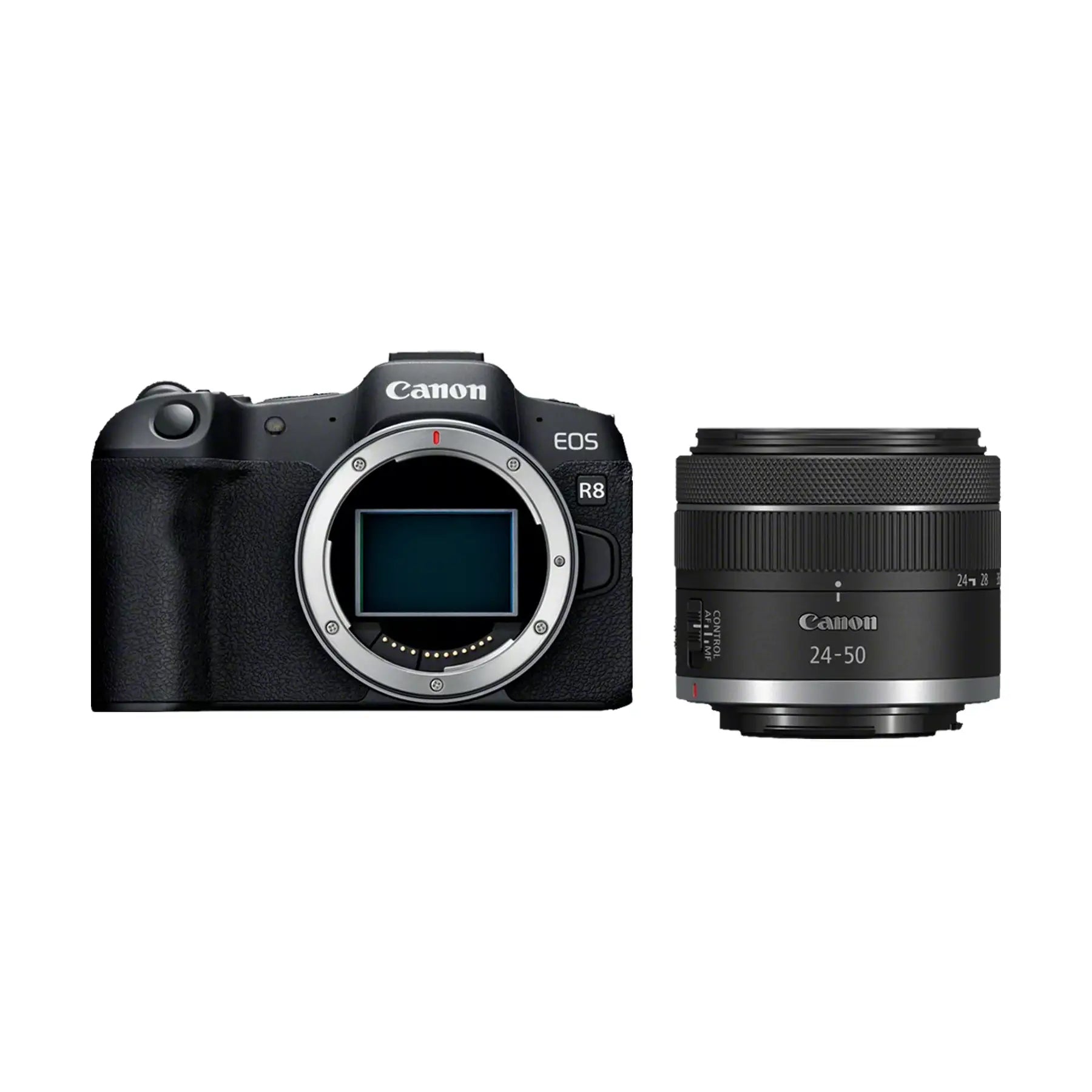 A Canon EOS R8 Mirrorless Camera with the RF 24-50mm F4.5-6.3 IS STM Lens attached, displayed against a white background.