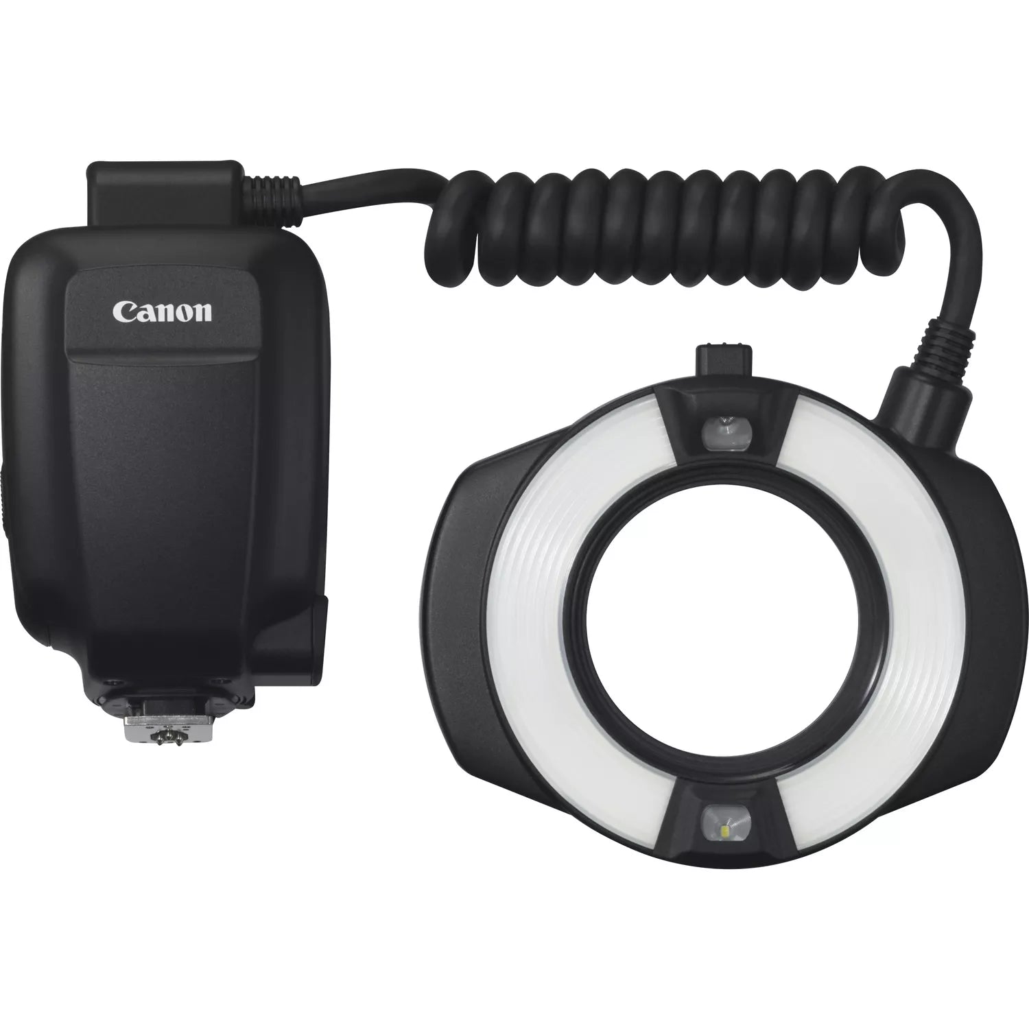 A Canon Macro Ring Lite Speedlite MR-14EXII, with a black color scheme, attached to a camera via a coiled cable.