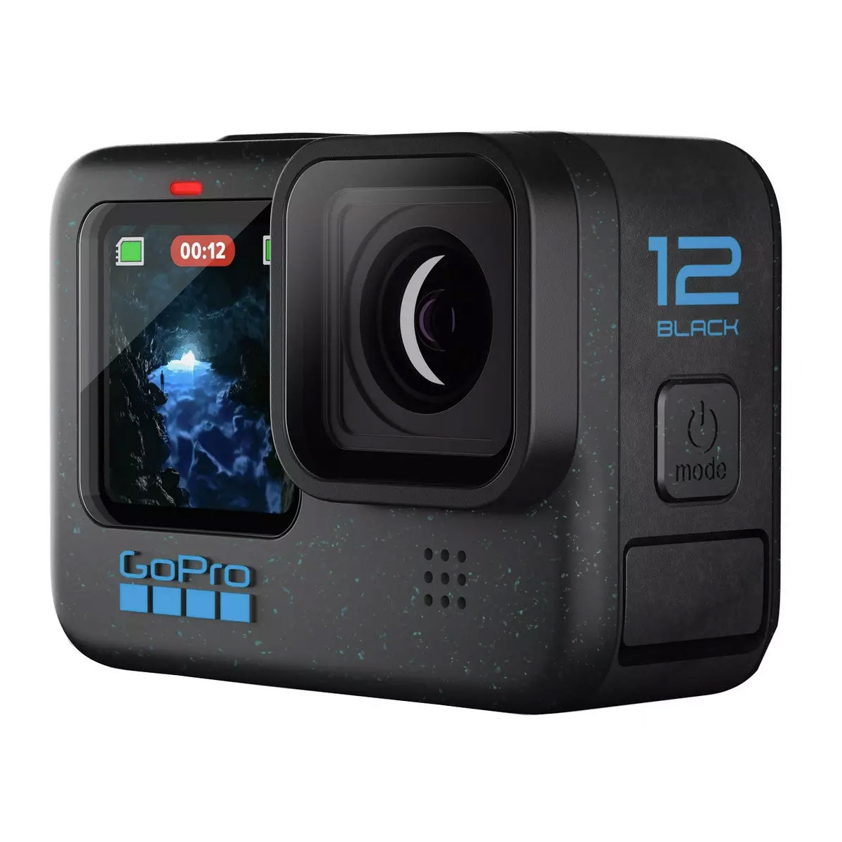 GoPro HERO 12 Black Action Camera featuring display screen, lens, and mode dial on a black body.