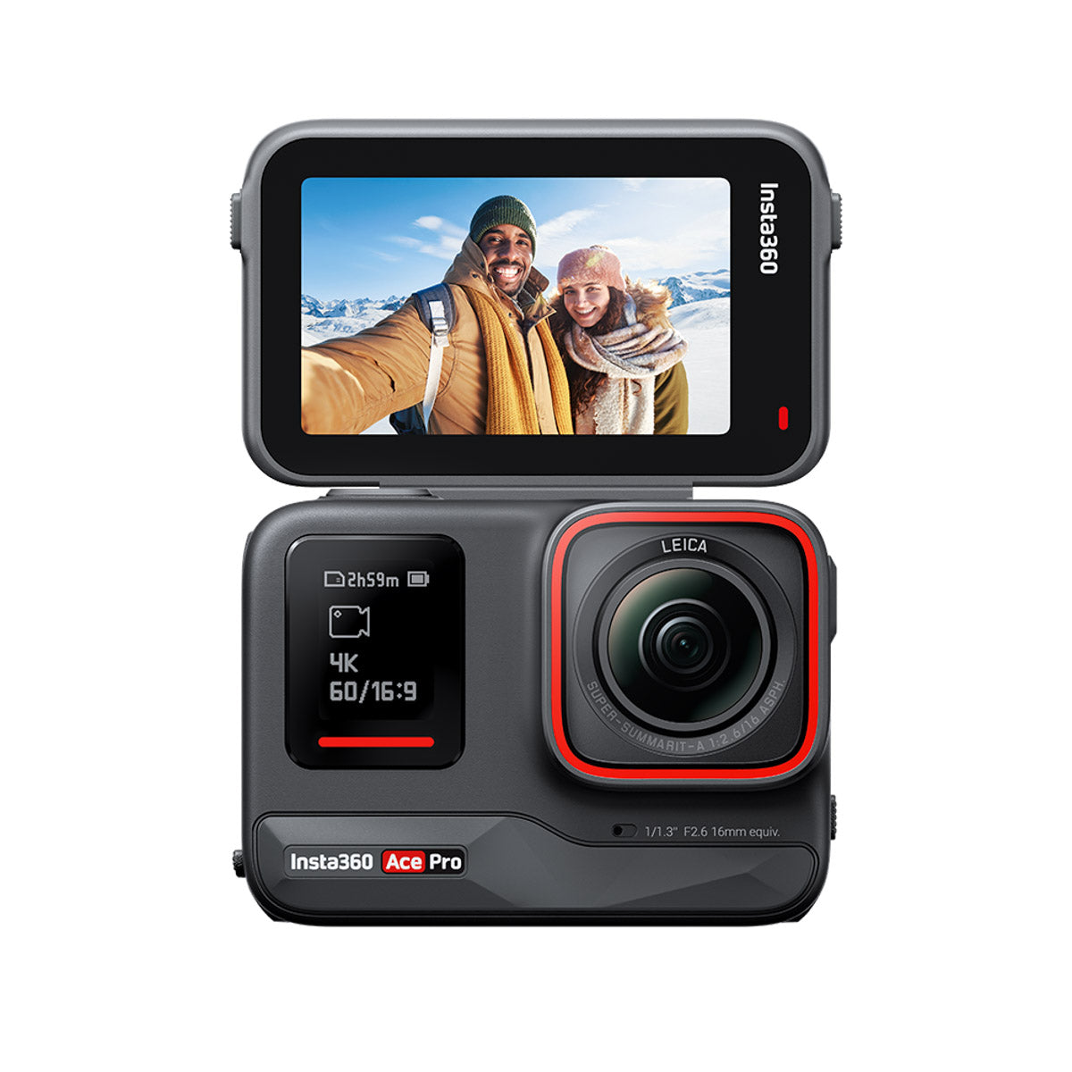 Product shot of the Insta 360 Ace Pro - Front side view with screen fully extended