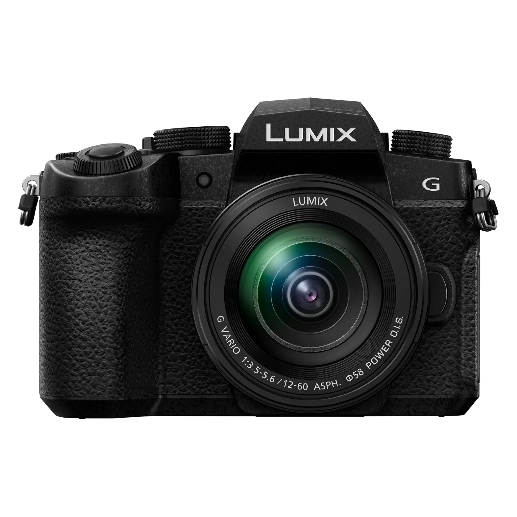 Panasonic Lumix G97 mirrorless digital camera with a 12-60mm lens on a white background, displaying its full-frame sensor and lens.