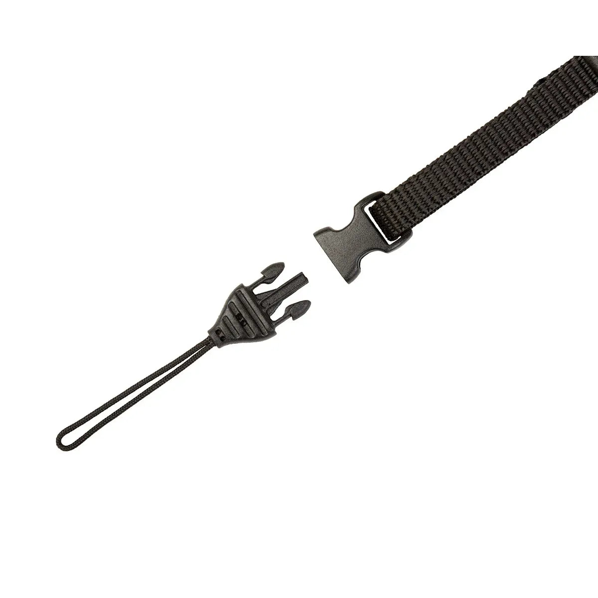 Black webbing strap with a buckle on a white background
