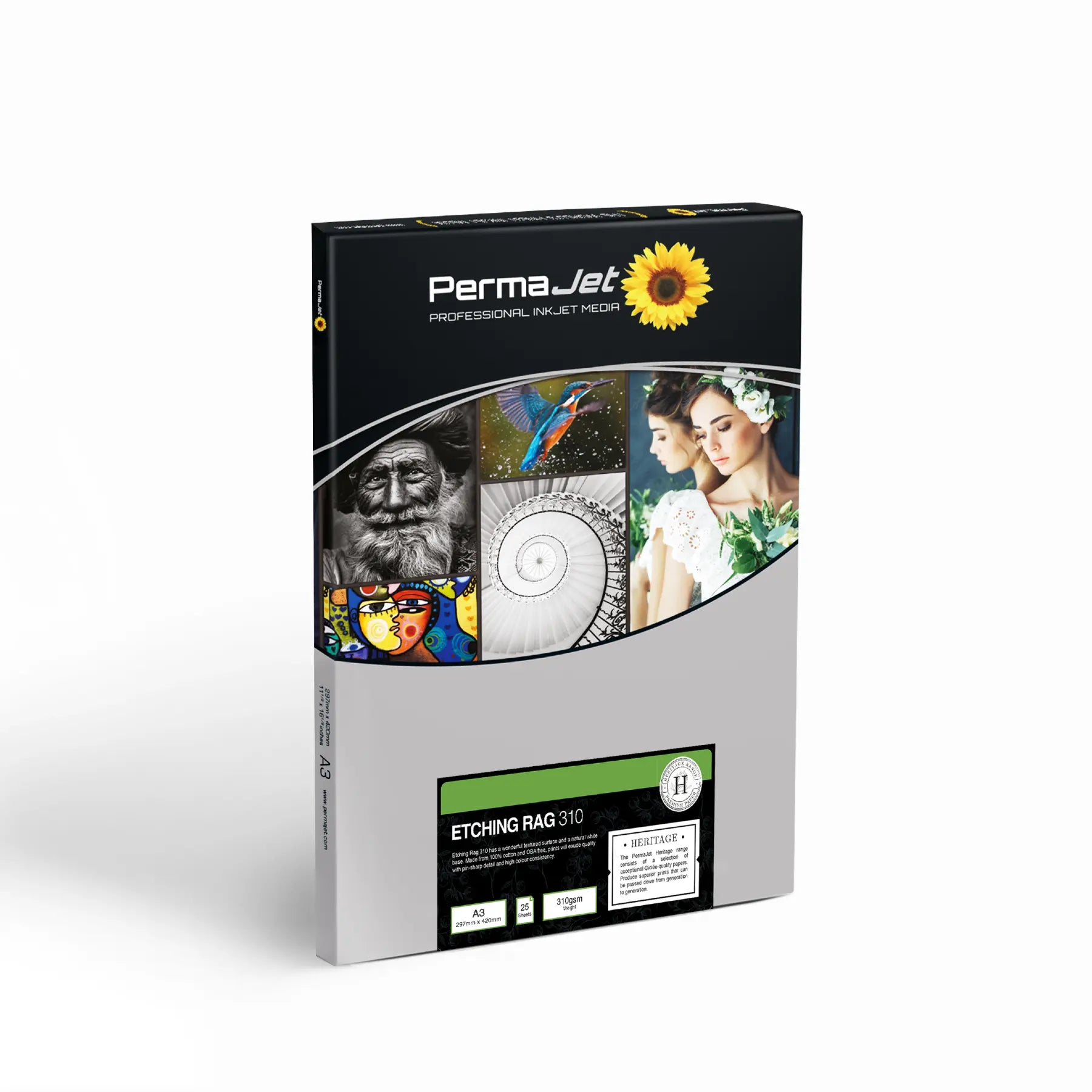 Packaging for PermaJet Etching Rag 310 - A3 Photo Paper featuring images of artwork on the front, with a natural white base described.