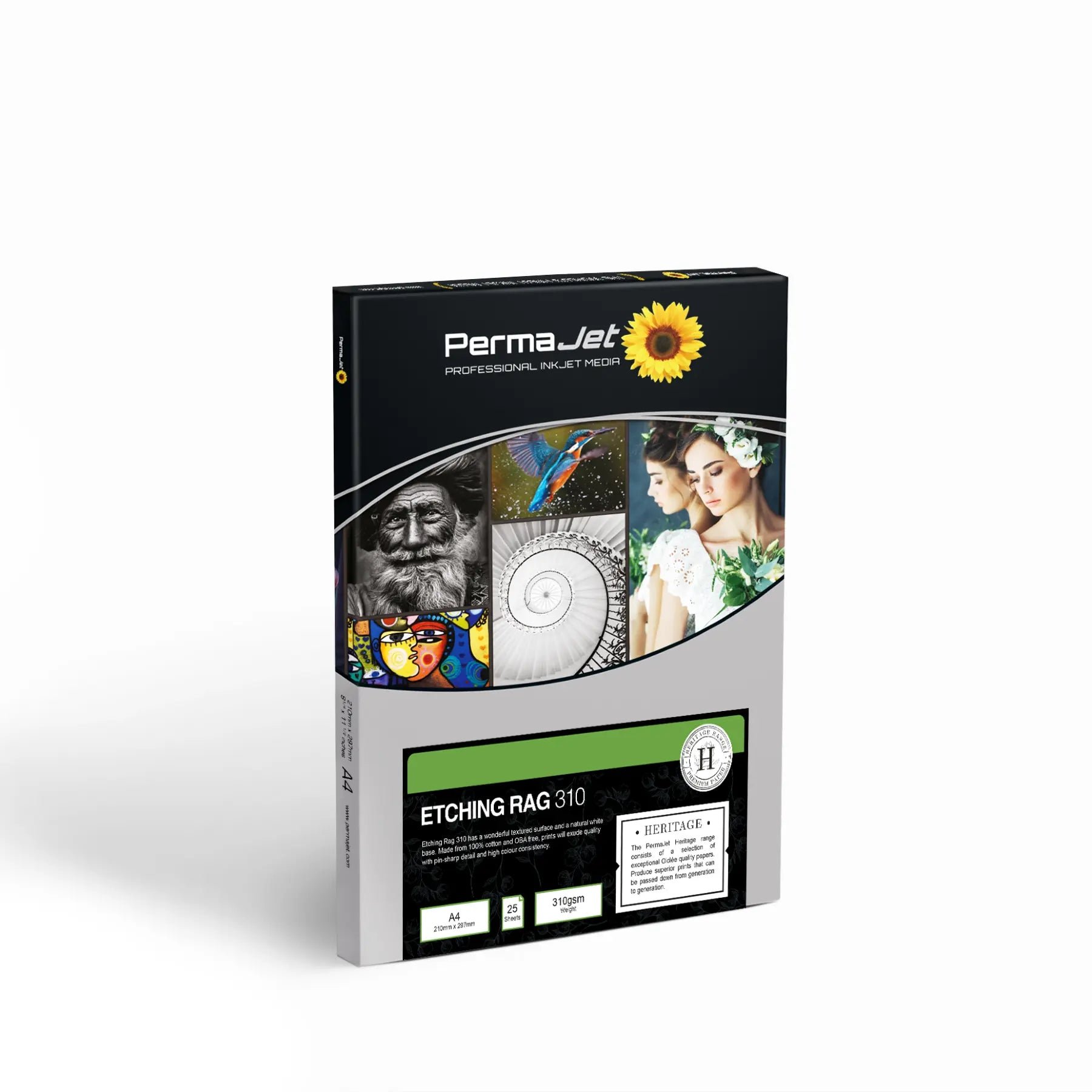 Packaging for PermaJet Etching Rag 310 A4 Photo Paper featuring images of printed artworks and the product details.