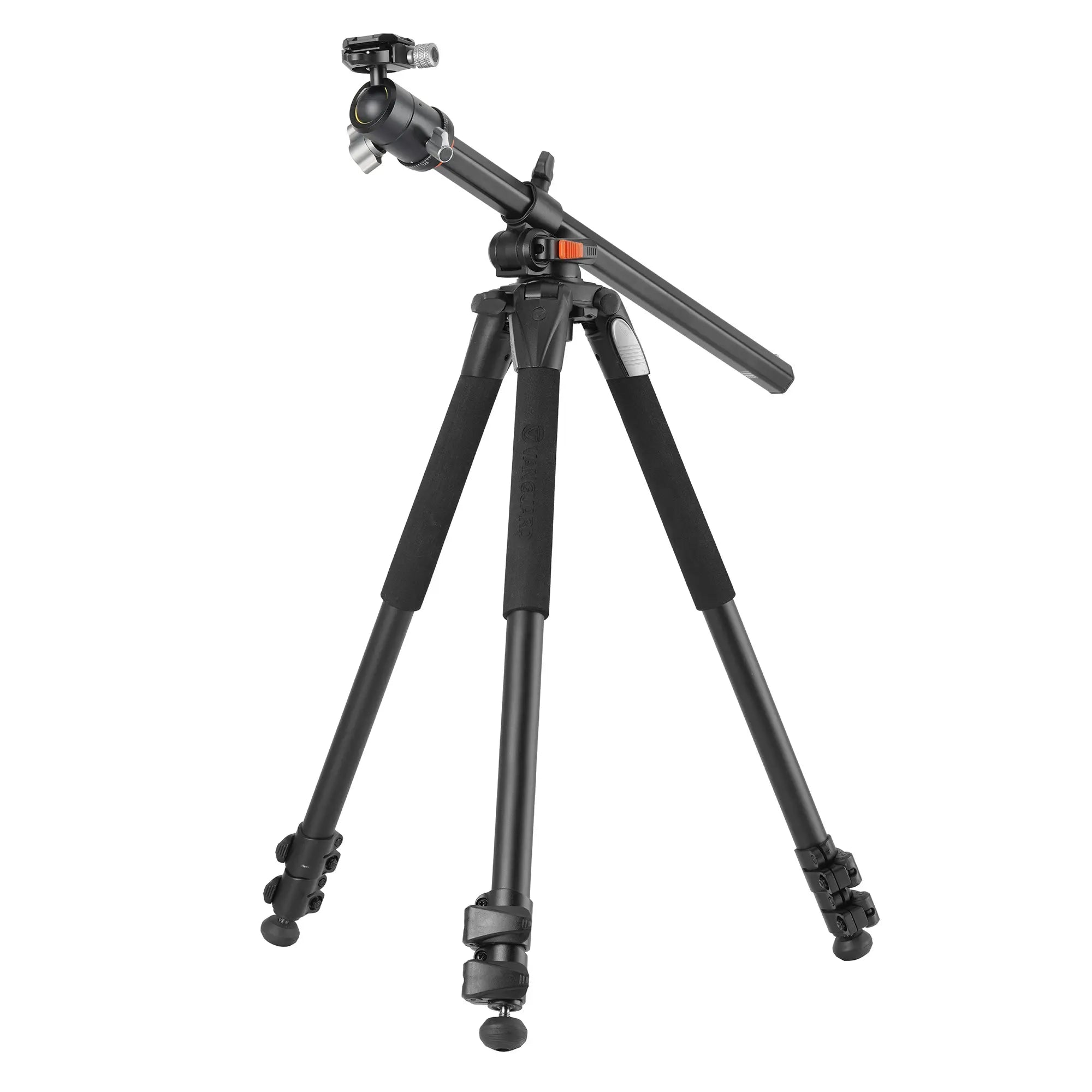 Black tripod with ball head on a white background