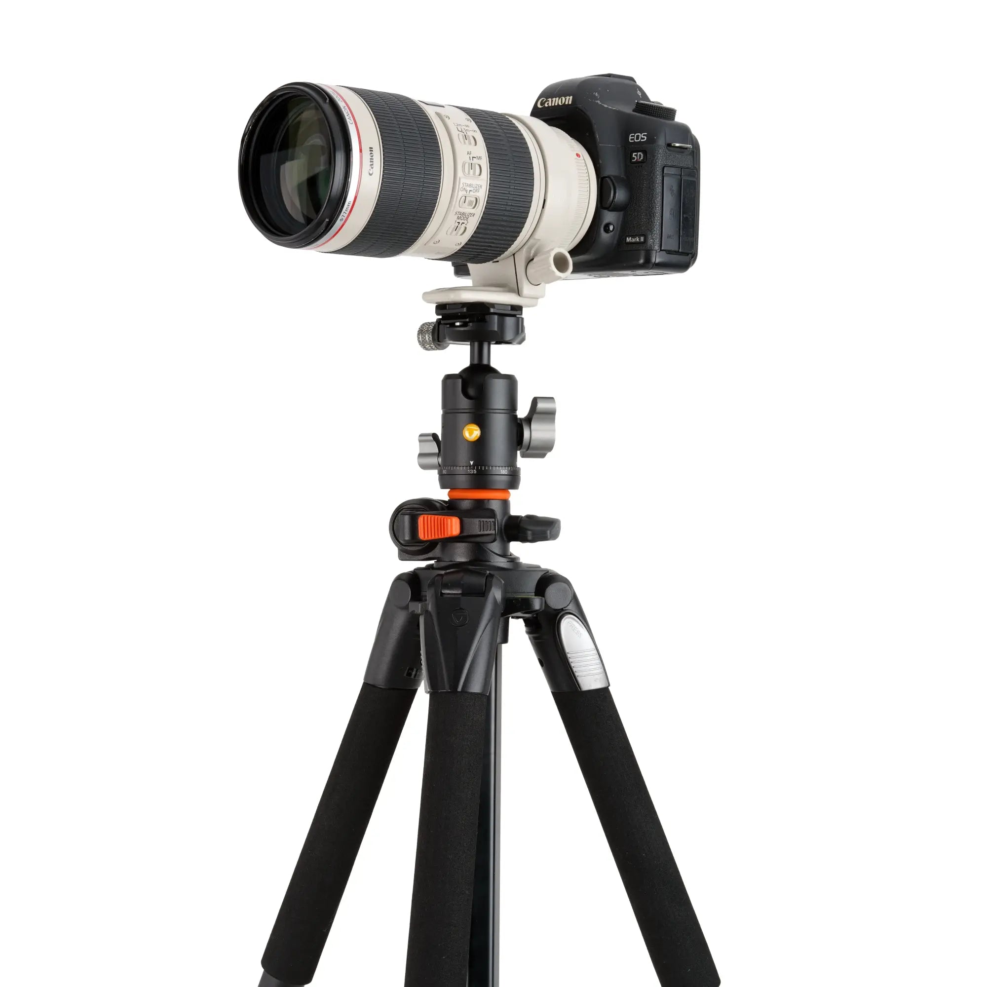 Camera with a large lens on a tripod against a white background