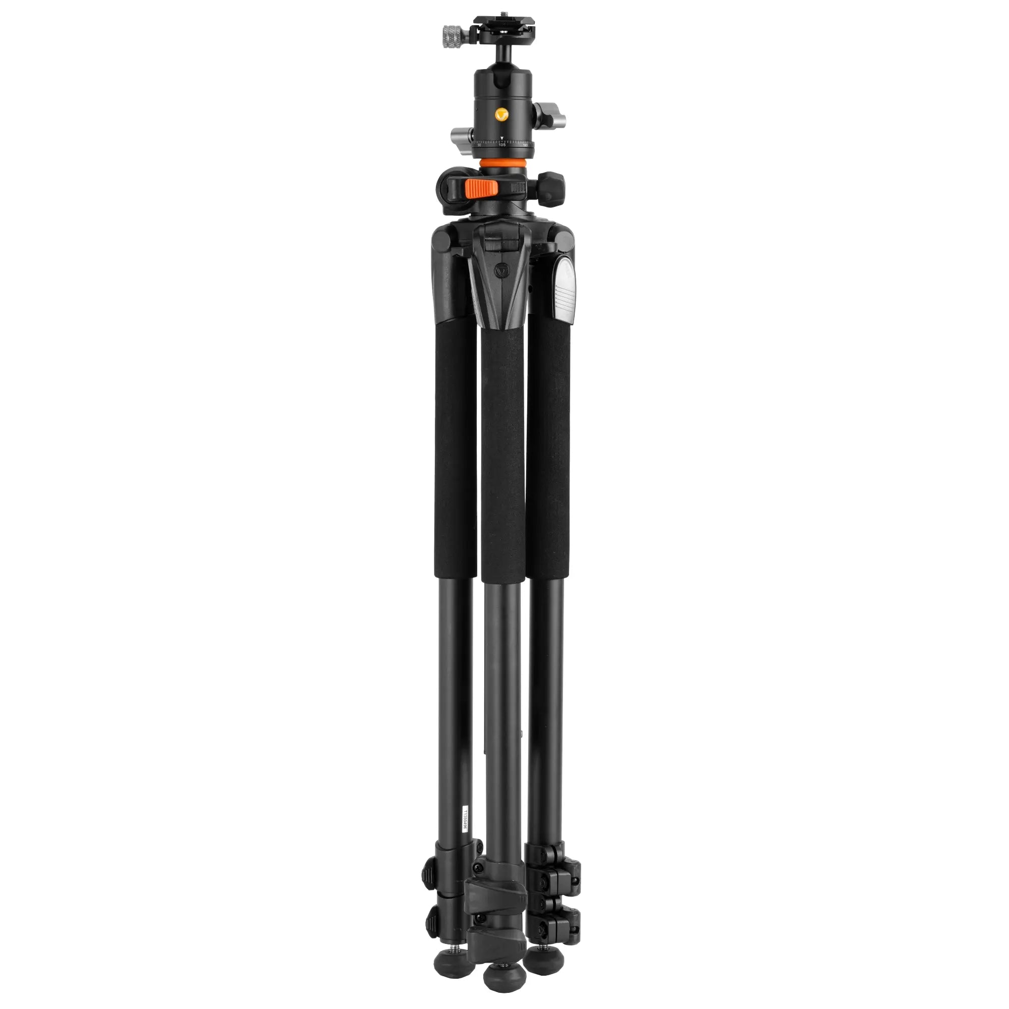 Black camera tripod on a white background