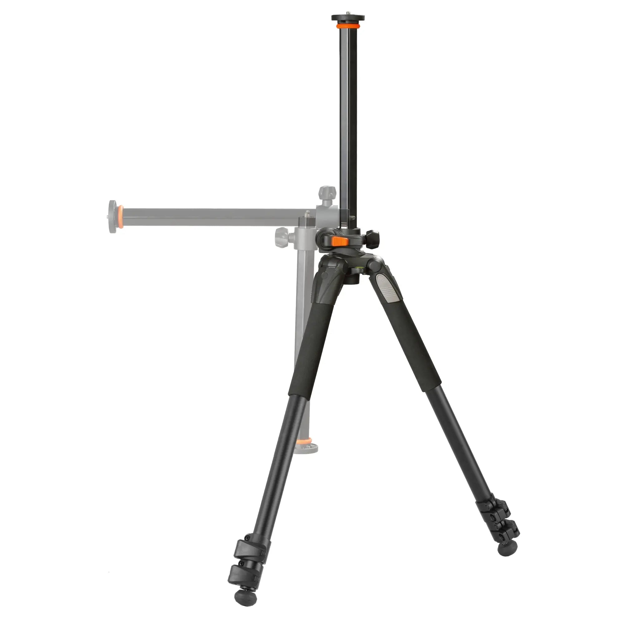 Black tripod with adjustable head on a white background