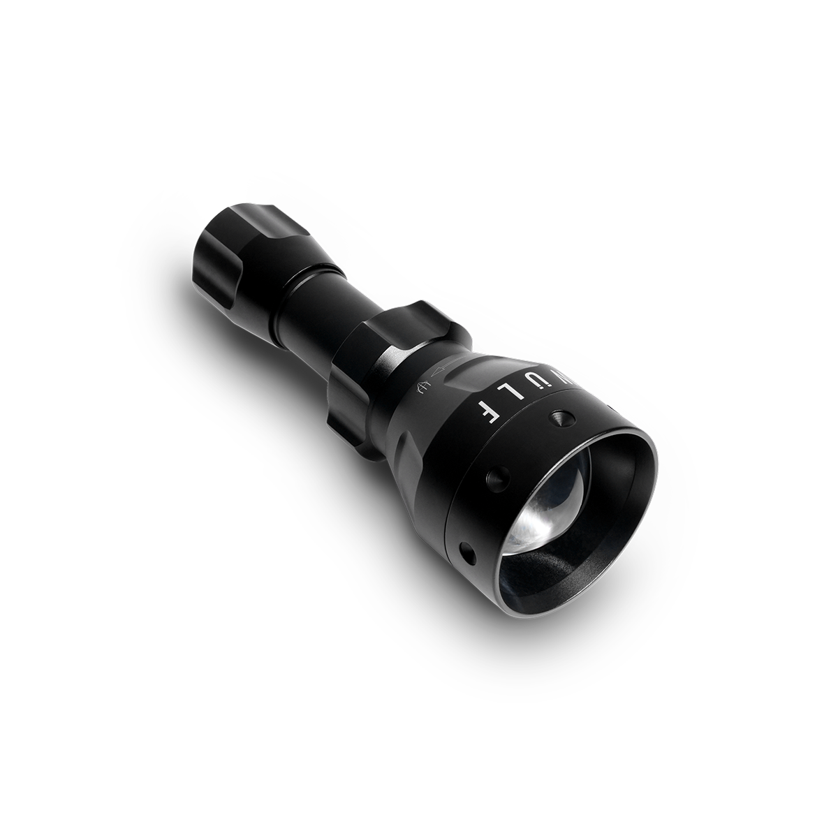 Black flashlight with 'WULF' branding on a white background