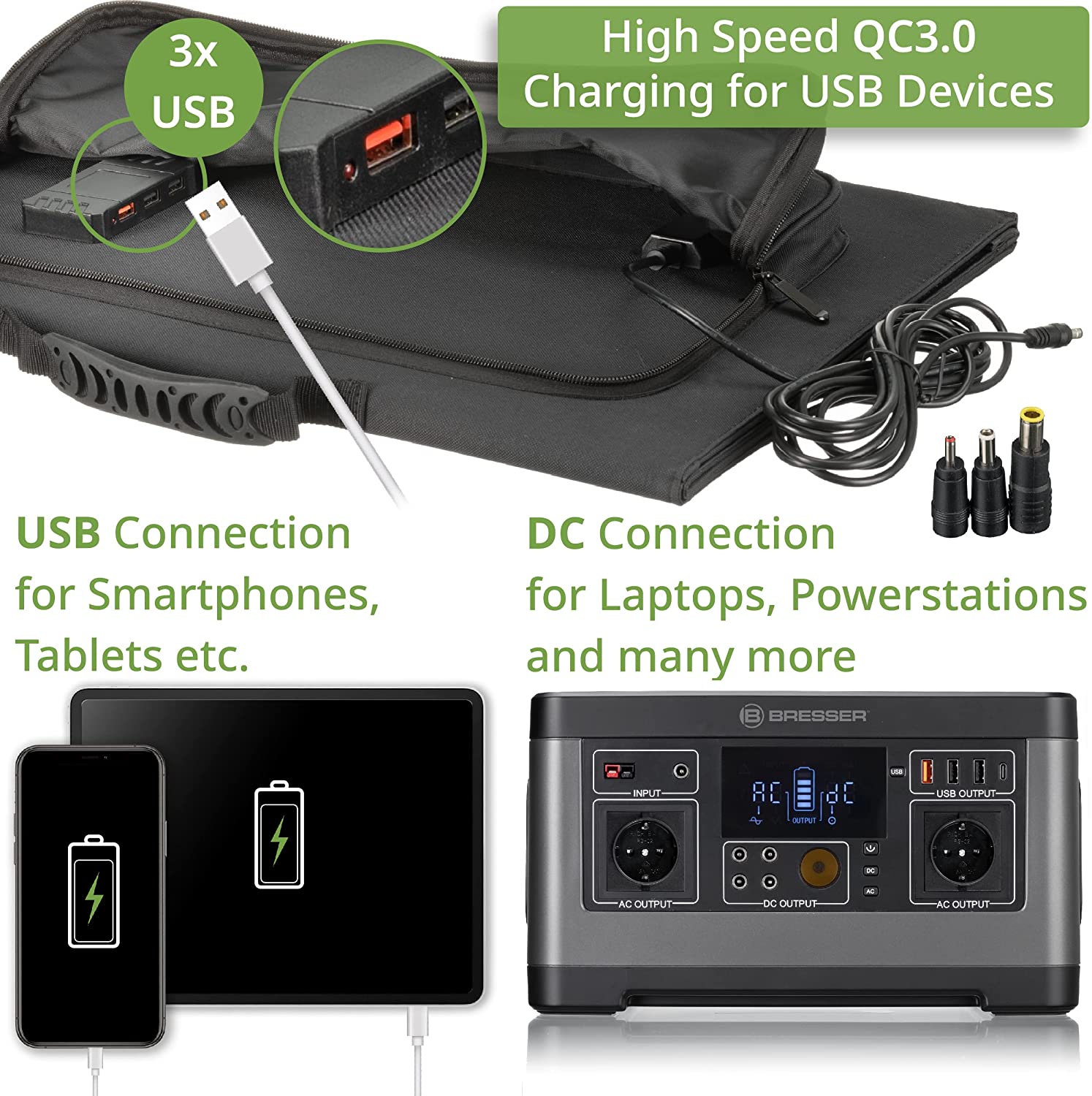 BRESSER Mobile Solar Charger 90 Watt with USB and DC output