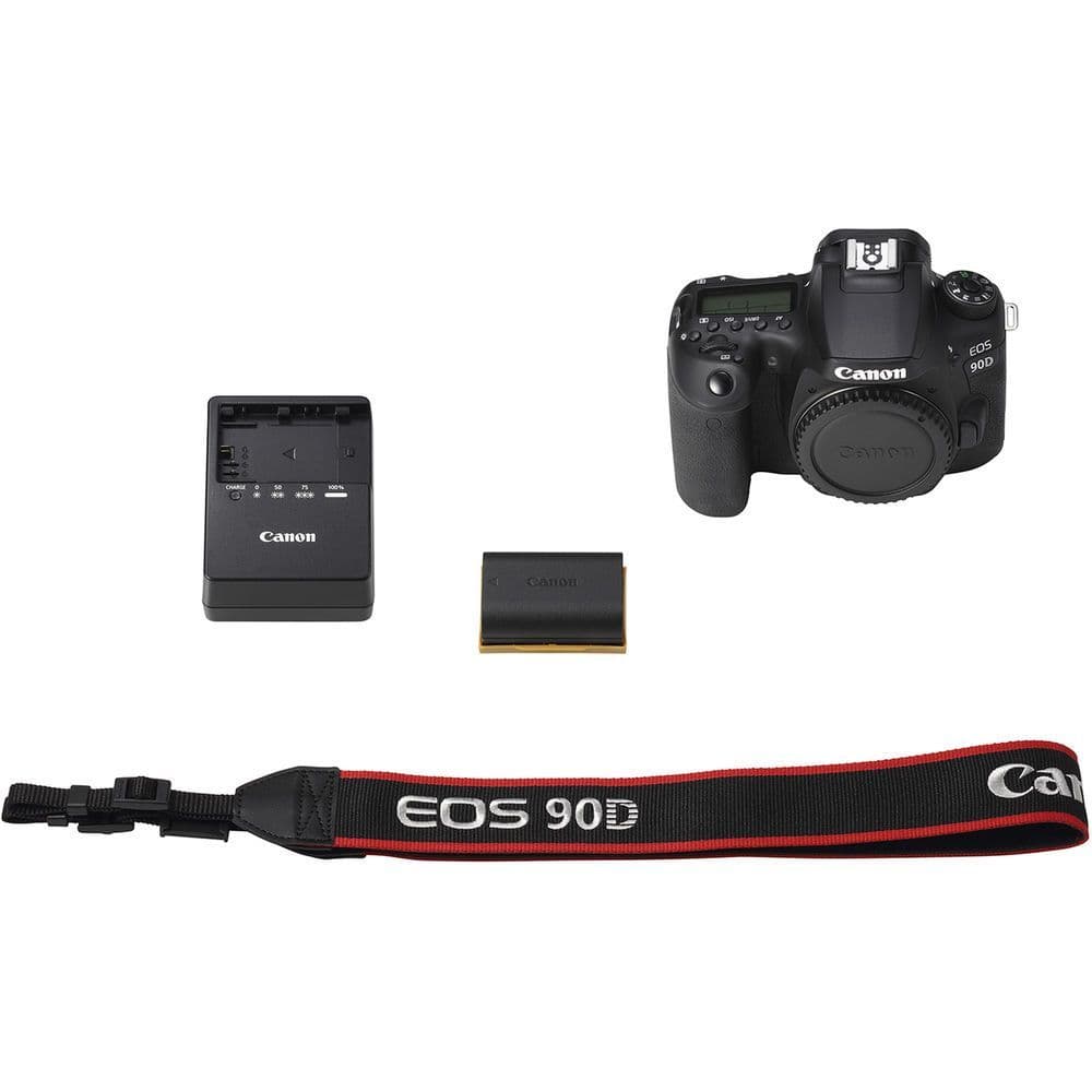 Canon EOS 90D DSLR Camera (Body Only) - Product Photo 5 - Camera body, battery, charger and leash accessories