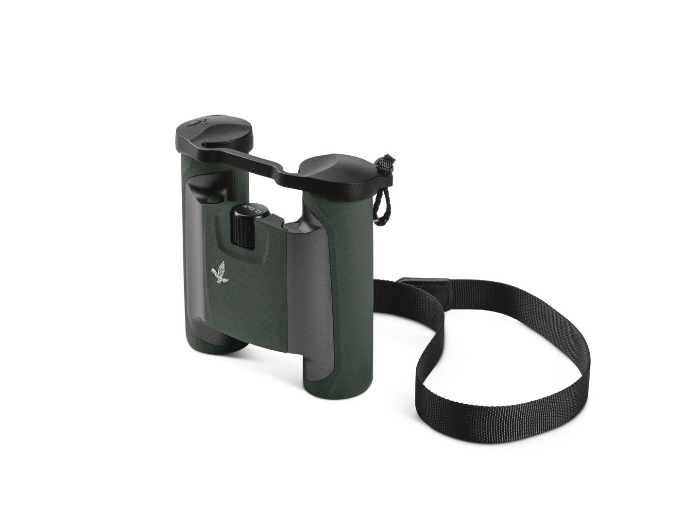 Swarovski CL 8x25 Pocket Binoculars Green with Mountain Accessory Pack - Product Photo 4 - Side view of the product with the lens cap and leash attached
